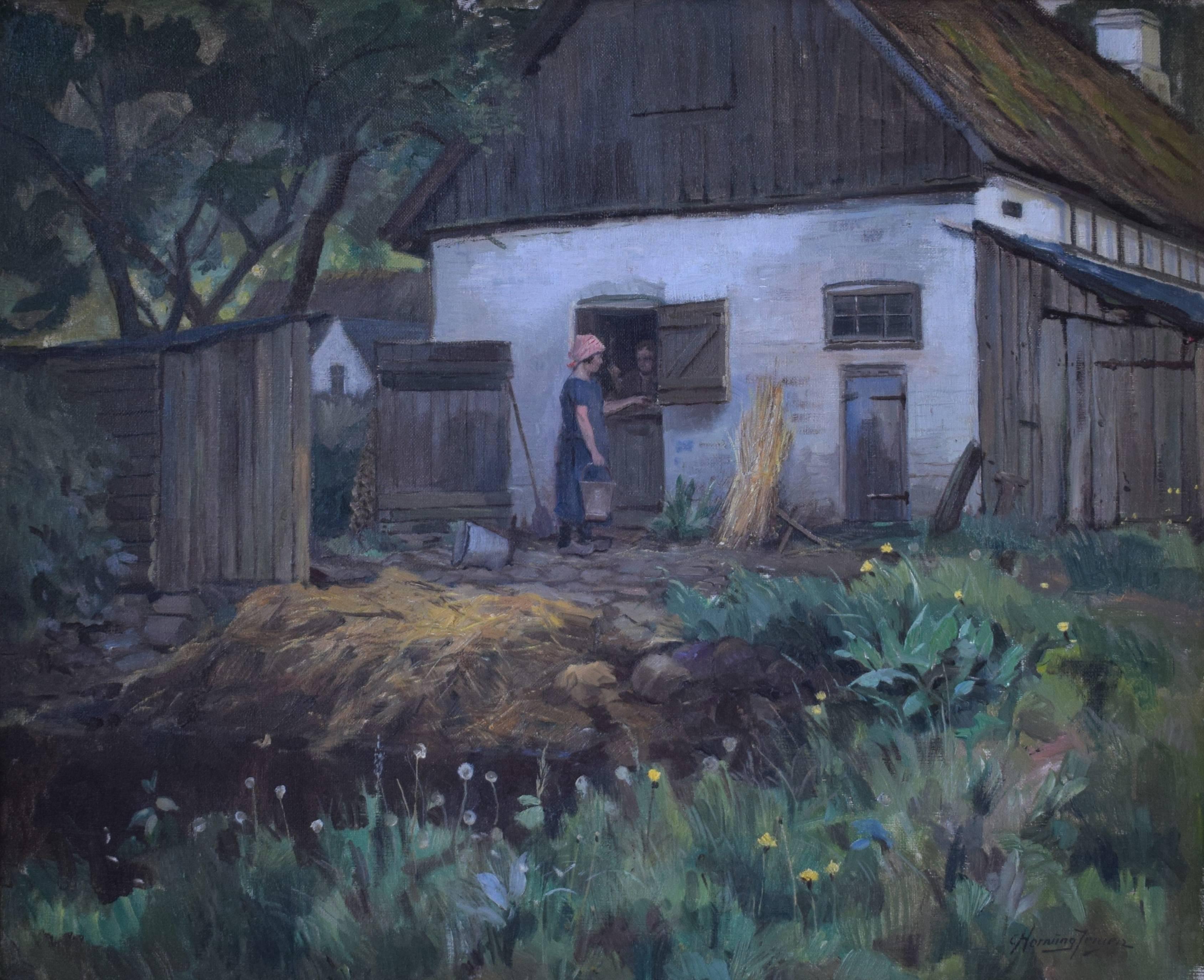 A young couple at the stabile door on a Danish farm by the Danish painter Carlo Hornung-Jensen (1882-1960). Oil on canvas, circa 1920.
Dimensions: in 25 H x in 29.5 W x in 2.6 D / cm 63.5 H x cm 75 W x cm 6.5 D.