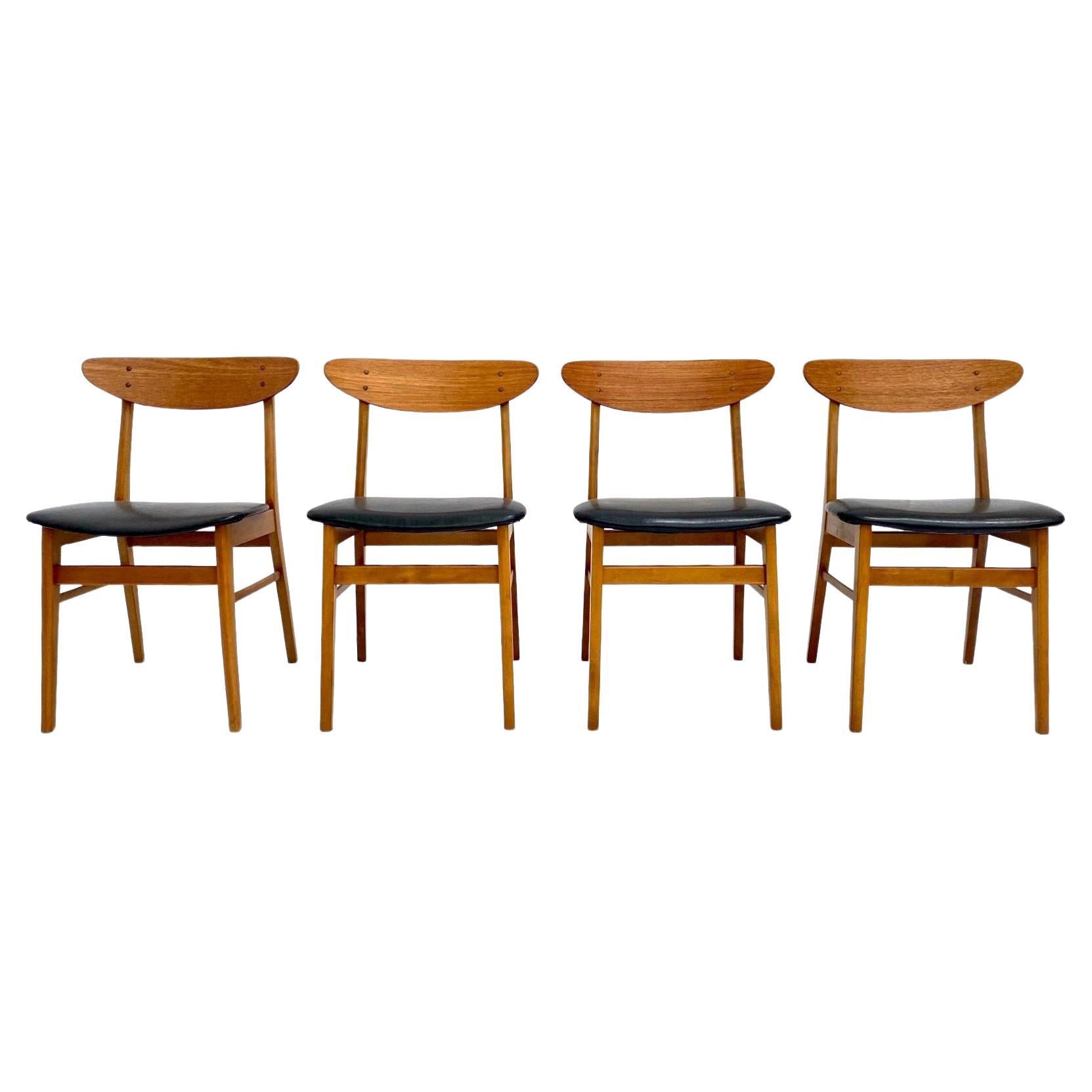 Danish Farsrup Set Of 4 Model 210 Teak & Beech Black Vinyl Dining Chairs