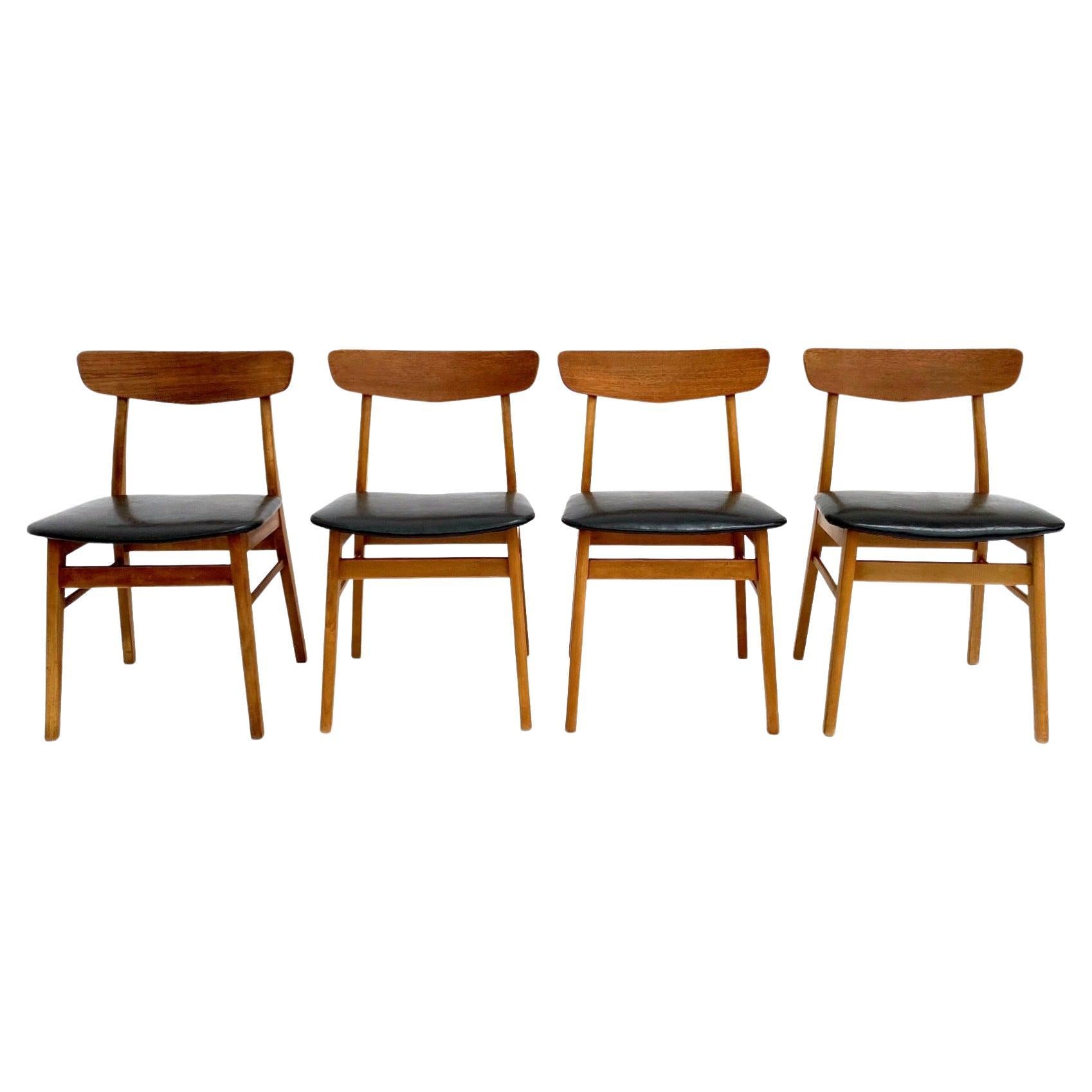 Danish Farstrup Set Of 4 Teak And Beech Black Vinyl Dining Chairs