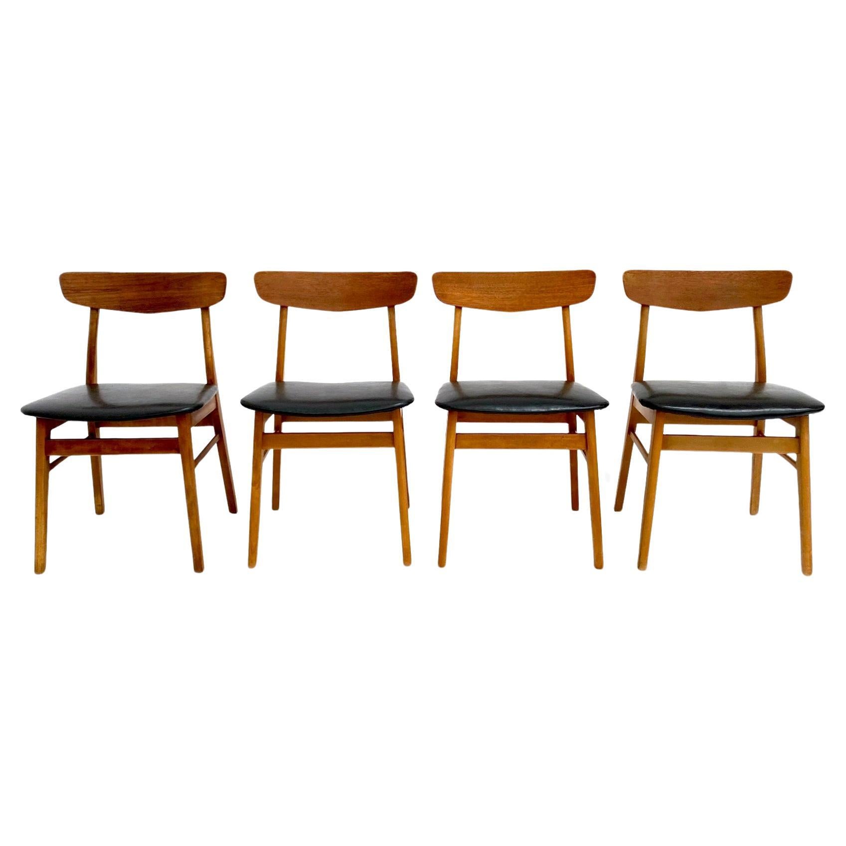 Danish Farstrup Set of 4 Teak and Black Vinyl Dining Chairs Mid Century