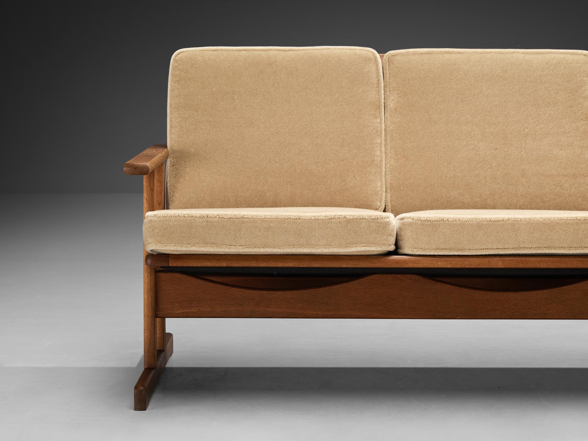 Fabric Danish FDB Møbler Three-Seat Sofa in Solid Oak and Beige Soft Upholstery For Sale