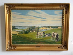 Danish Fjord Landscape with Grazing Cattle, Oil on Canvas