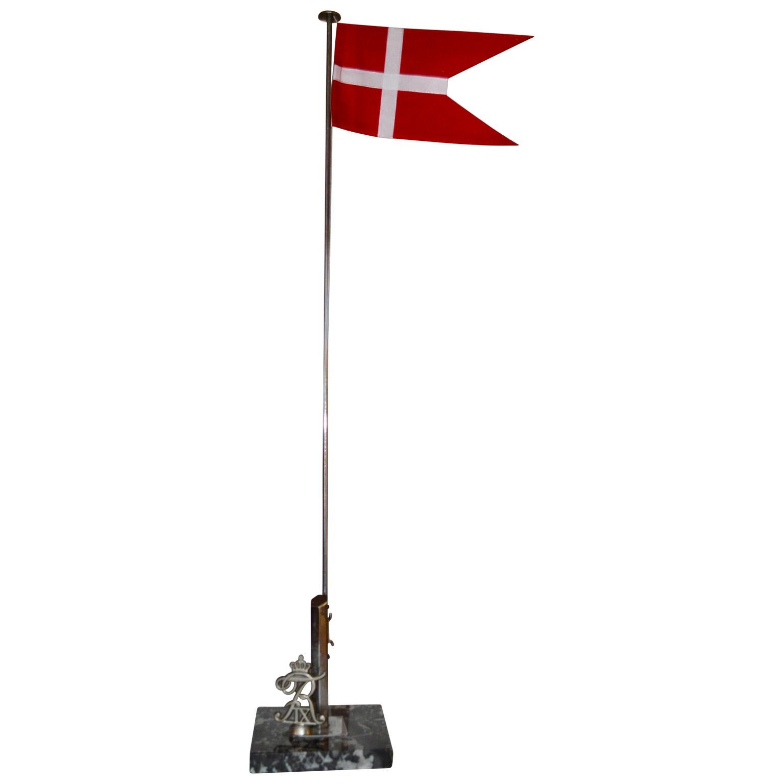 Danish Flag Post on Marble Stand with Royal Monogram of King Frederik IX, 1947 For Sale