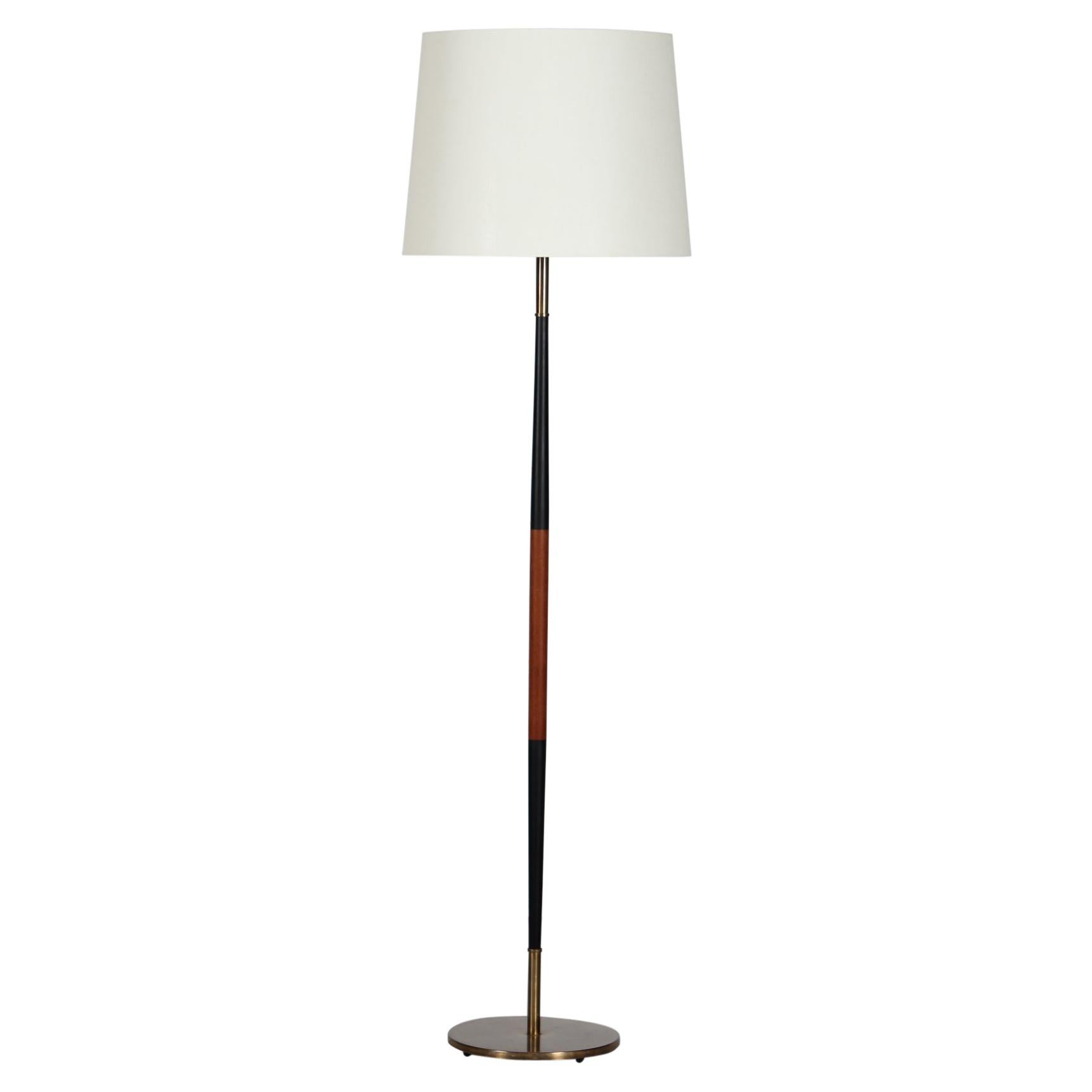 Danish Floor Lamp Jo Hammerborg Style Mid Century, Teak, Brass and Black Metal For Sale