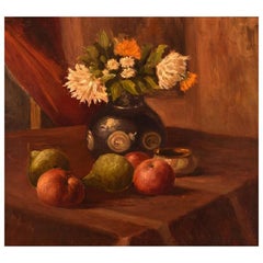 Peintre danois de fleurs, huile sur toile, nature morte avec fleurs et fruits