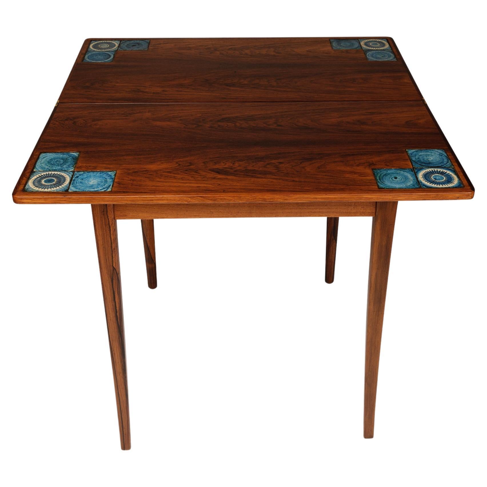 Danish foldable rosewood games card table with blue toned tiles For Sale