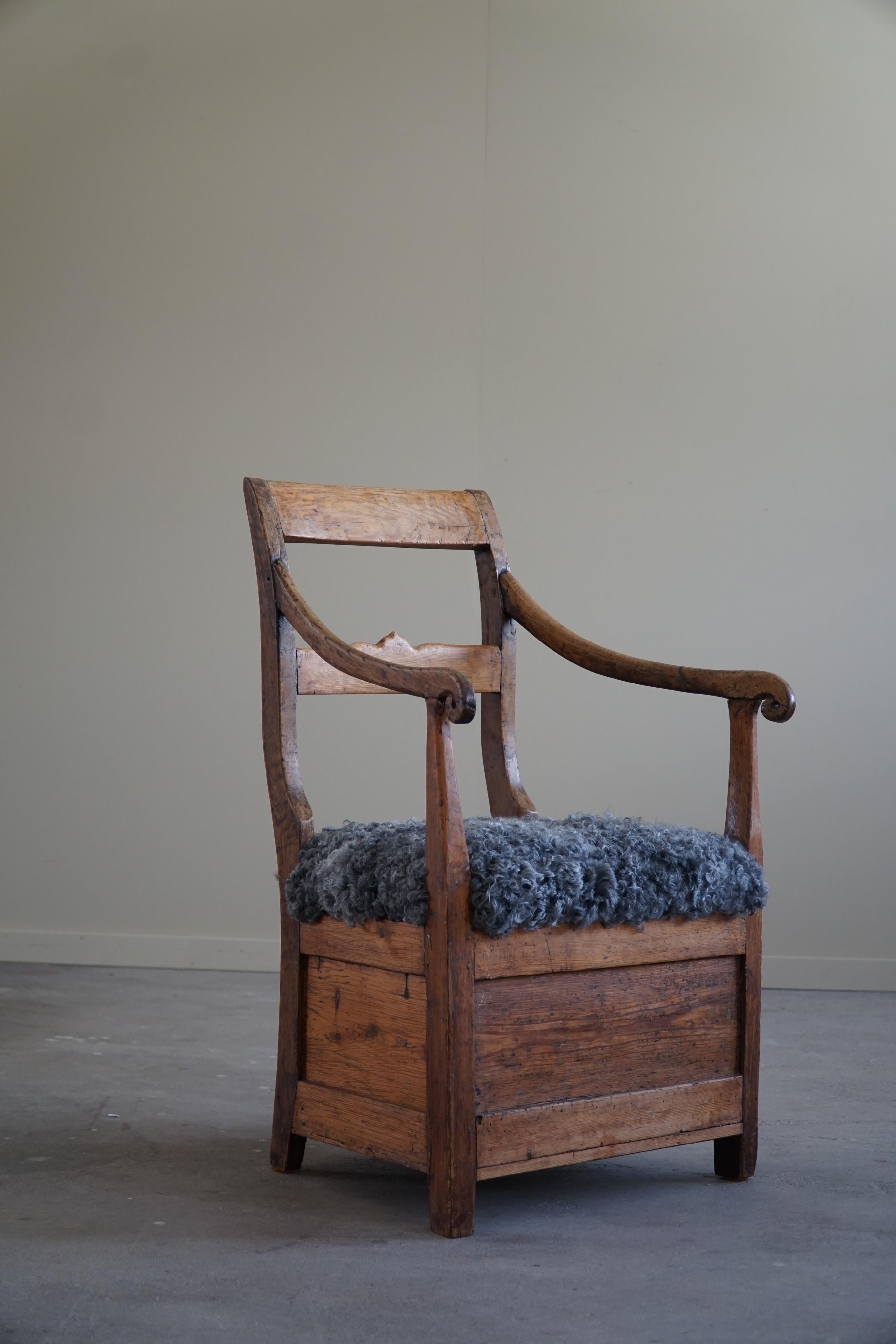 Danish Folk Art Armchair in Solid Oak & Gotland Sheepskin, Mid 19th Century For Sale 8