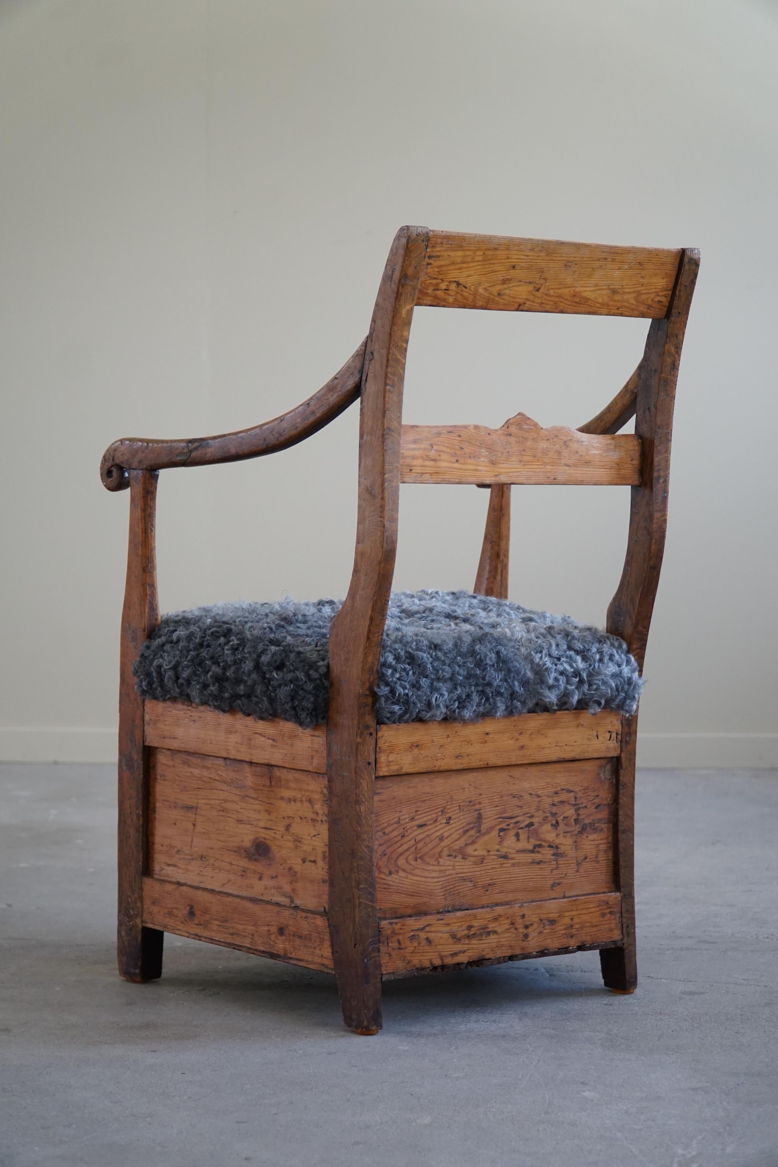 Danish Folk Art Armchair in Solid Oak & Gotland Sheepskin, Mid 19th Century For Sale 2