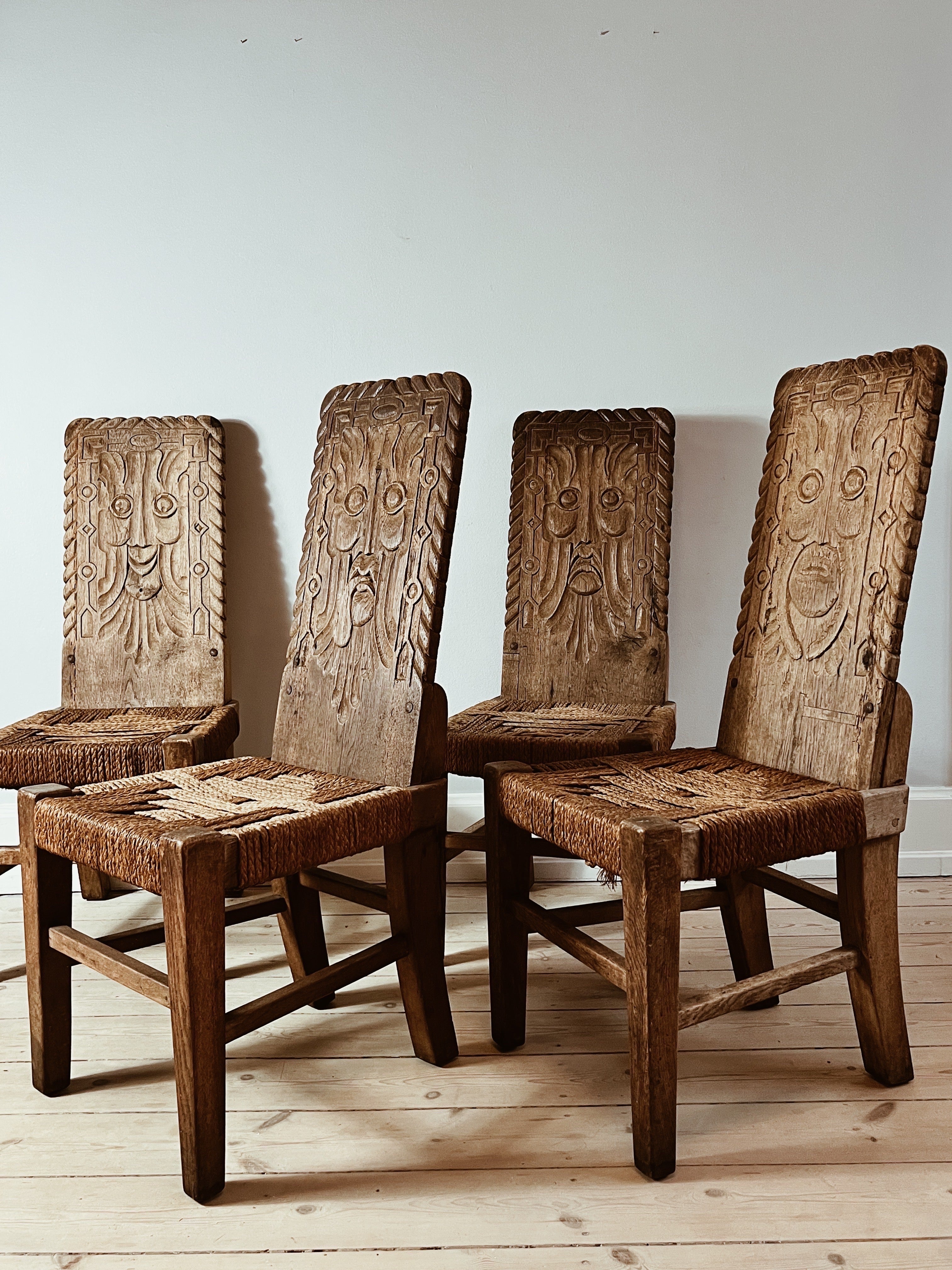 Brutalist Danish folk art brutalist dining wicker rattan chairs from 1930s For Sale