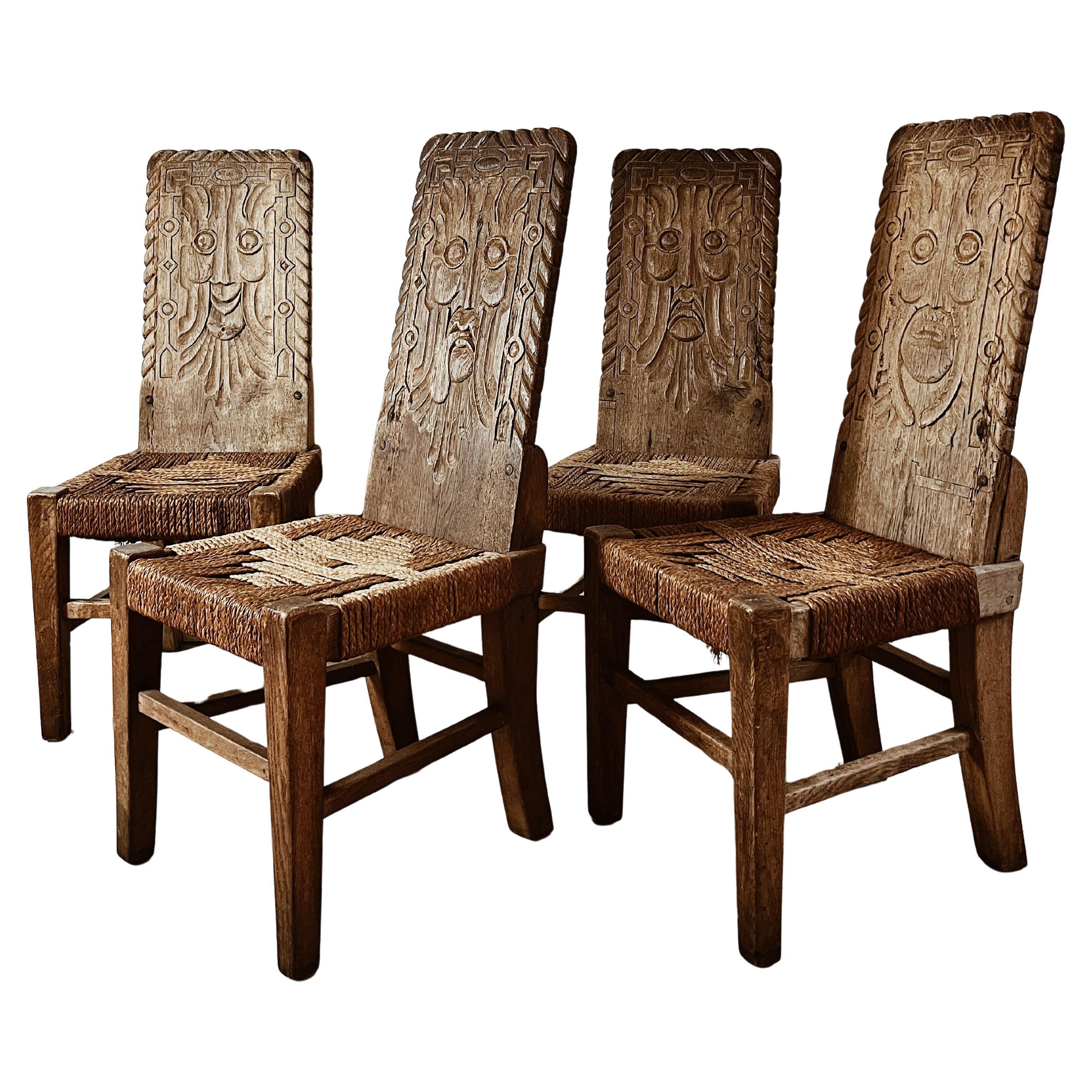 Danish folk art brutalist dining wicker rattan chairs from 1930s For Sale