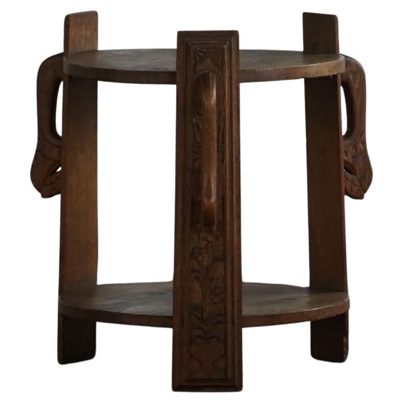 Danish Folk Art Side Table in Solid Oak, Wabi Sabi Style, Early 19th Century in vendita