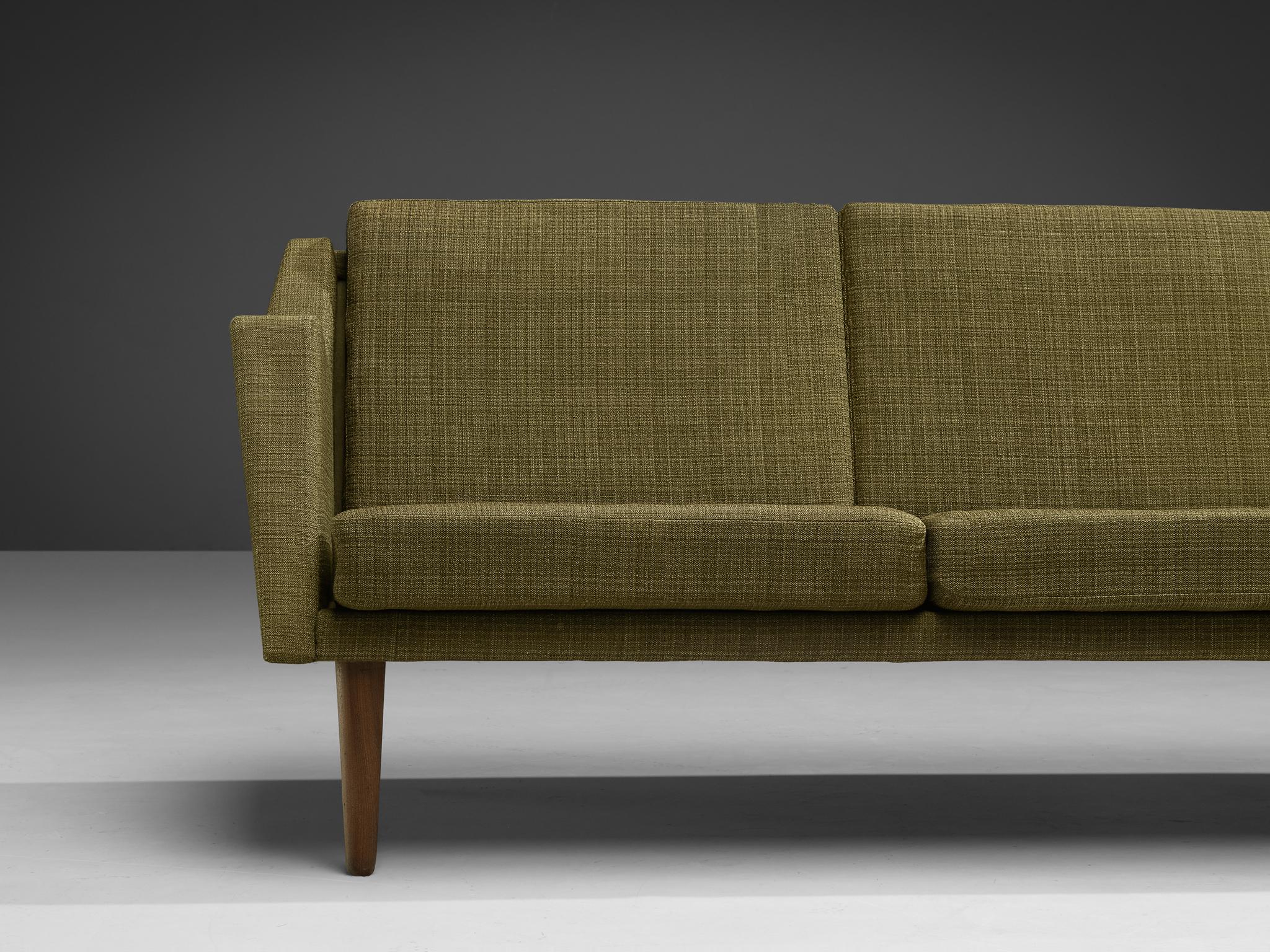 Danish Four Seat Sofa in Teak and Olive Green Upholstery For Sale 1