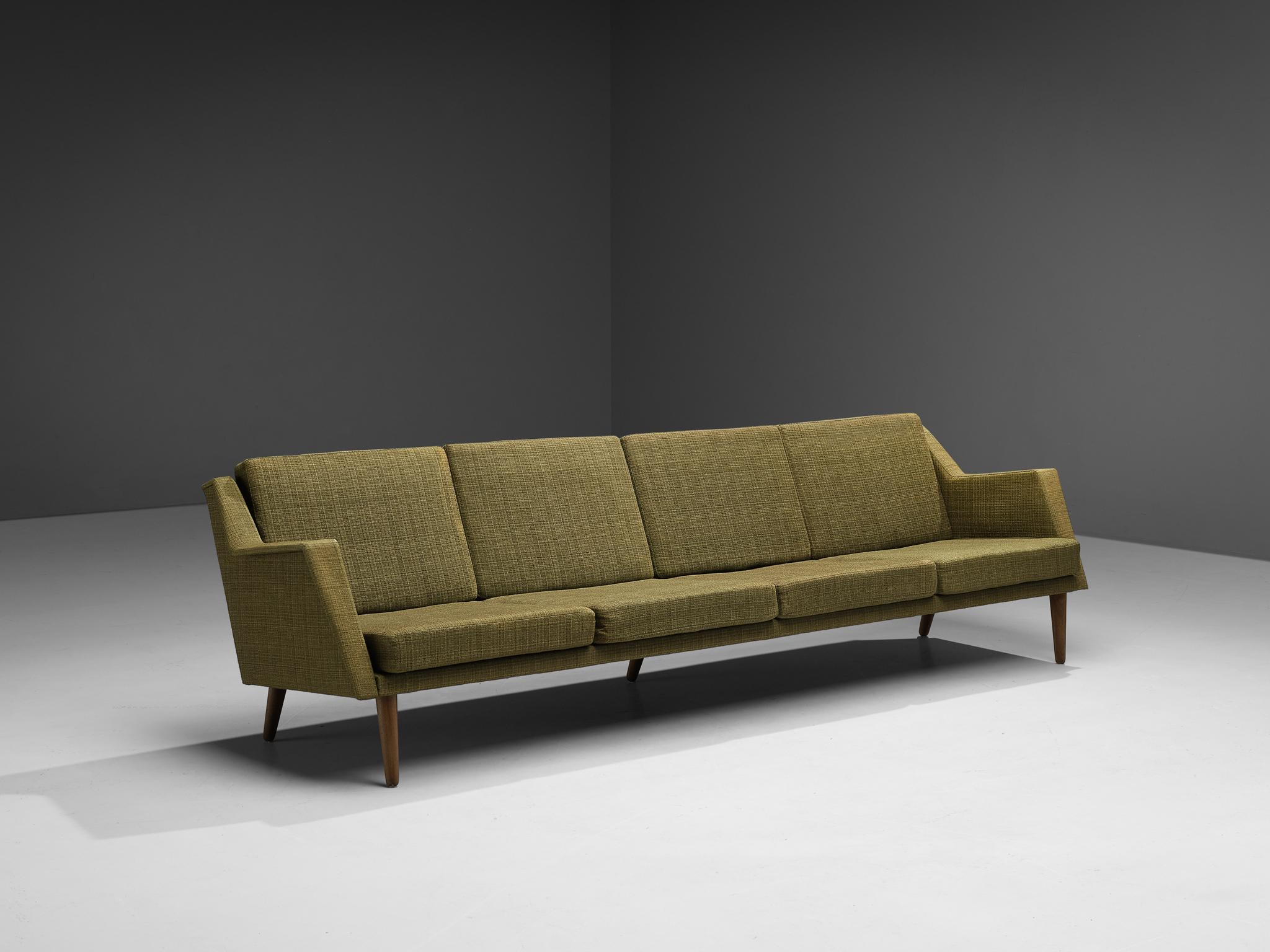 Four seat sofa, teak, fabric, Denmark, 1950s

Typical Scandinavian Modern sofa with modest yet striking lines. The way the armrests bent outwards remind of the designed by Folke Ohlsson. Looking from the side, the relationship between frame and seat