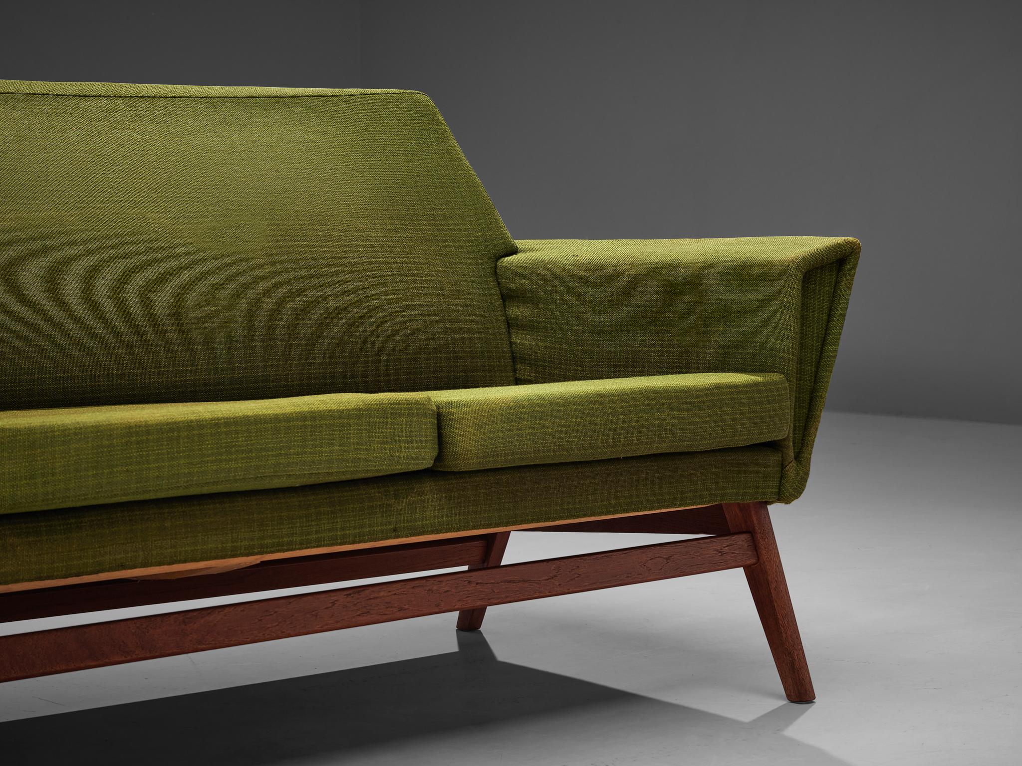 Scandinavian Modern Danish Four Seat Sofa in Teak and Moss Green Upholstery For Sale