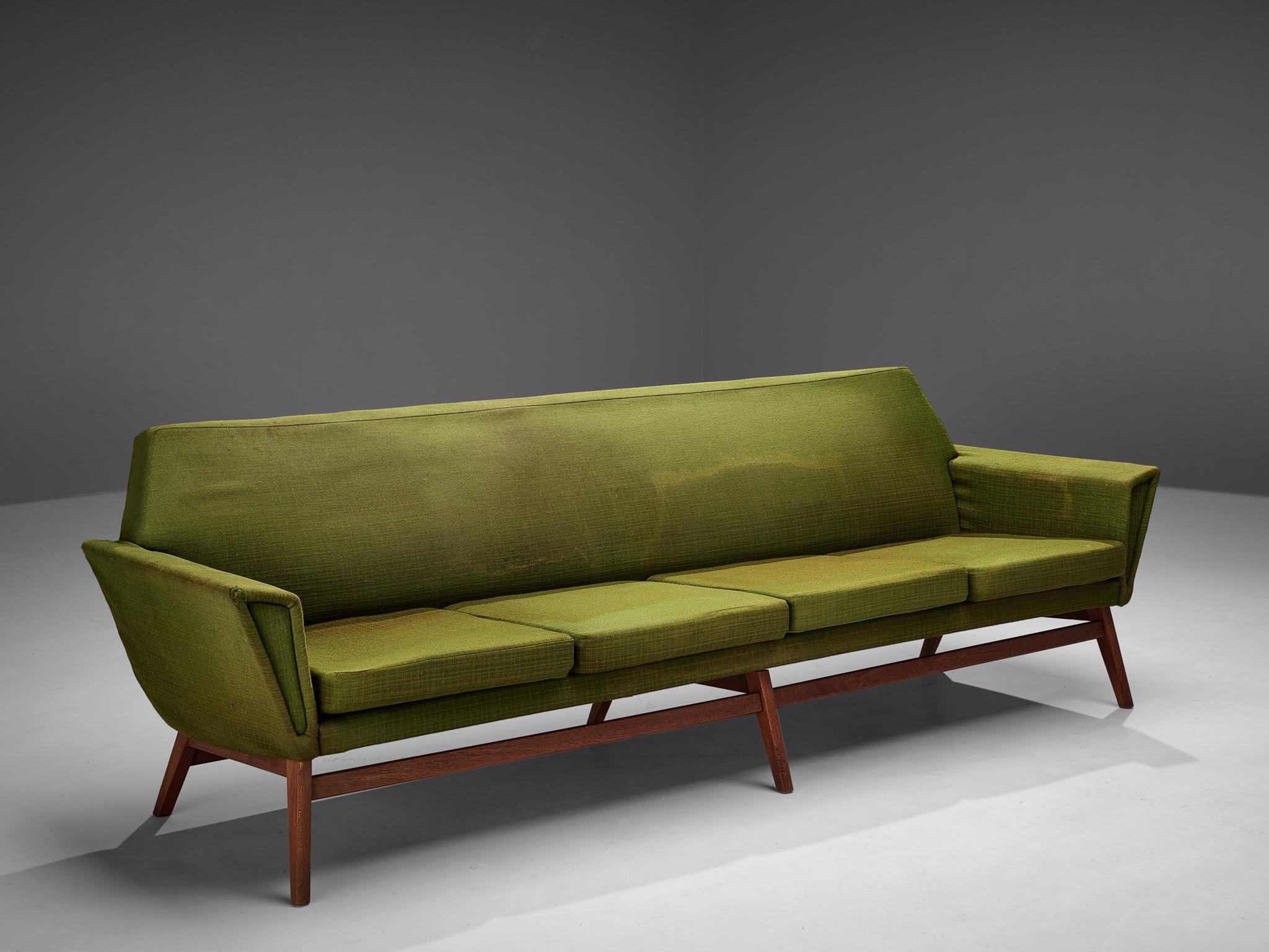 Fabric Danish Four Seat Sofa in Teak and Moss Green Upholstery For Sale