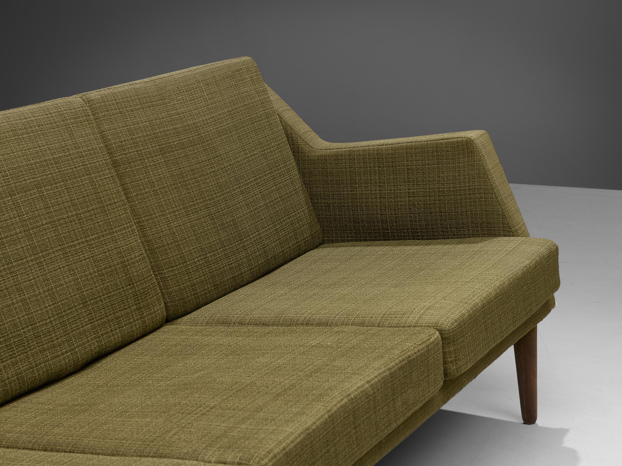 Fabric Danish Four Seat Sofa in Teak and Olive Green Upholstery For Sale