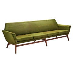 Vintage Danish Four Seat Sofa in Teak and Moss Green Upholstery