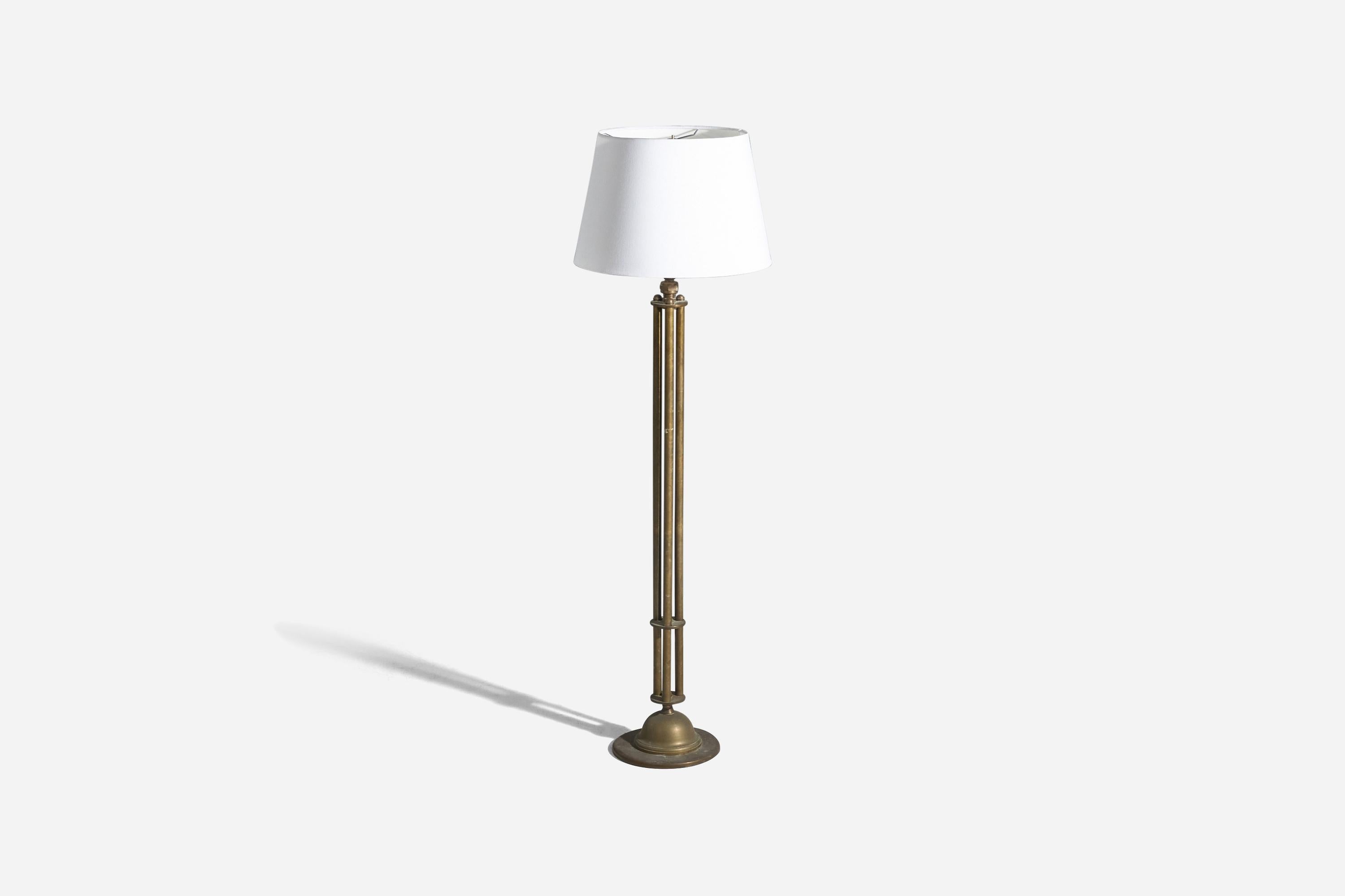 A brass and white fabric floor lamp designed and produced in Denmark, circa 1930s-1940s.

Sold with Lampshade(s). 
Stated dimensions refer to the Floor Lamp with the Shade(s). 
Variable dimensions, measured as illustrated in the first image.

Socket