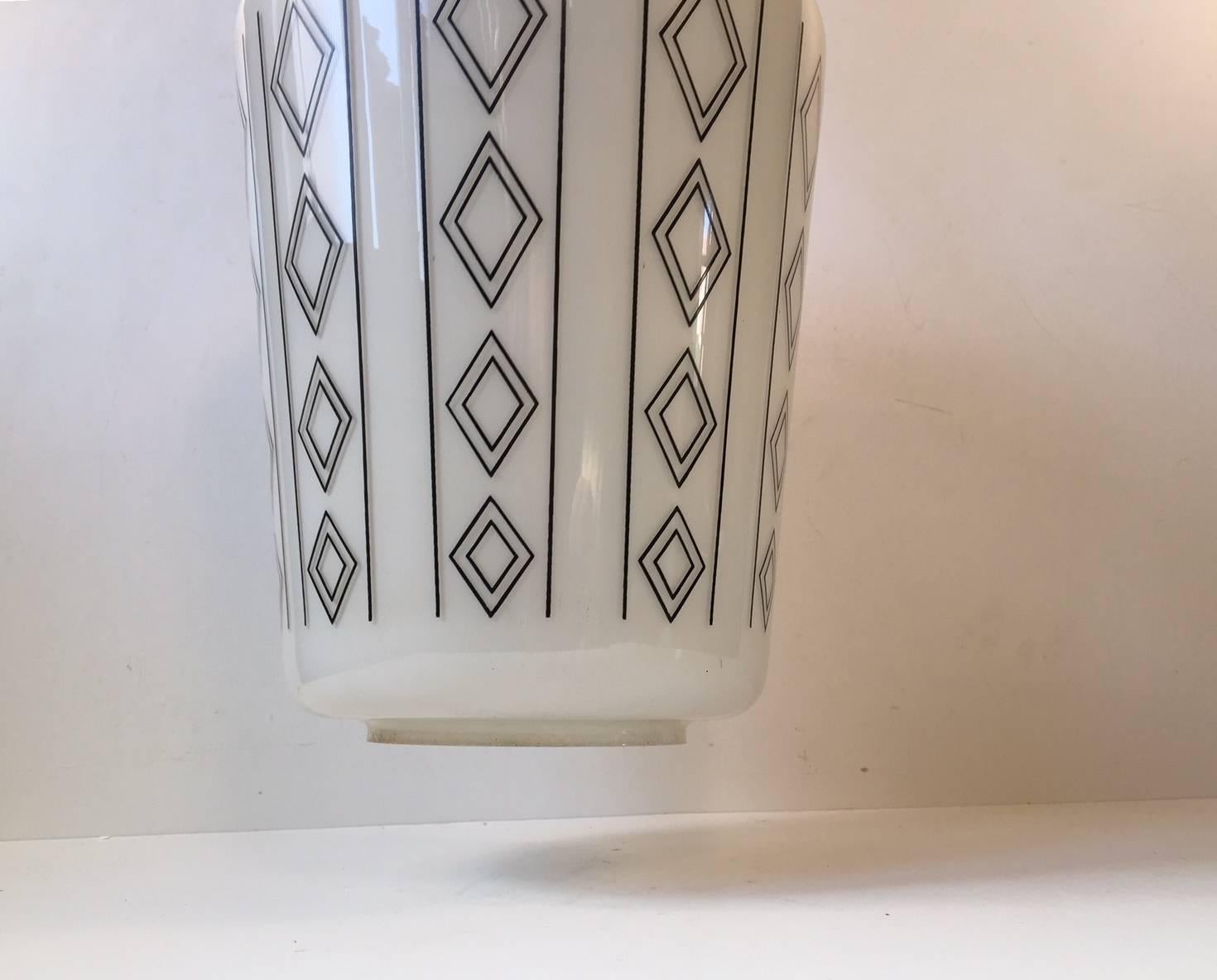 Danish Functionalist Opaline Glass Pendant Lamp, Geometric Decor, 1950s In Good Condition In Esbjerg, DK