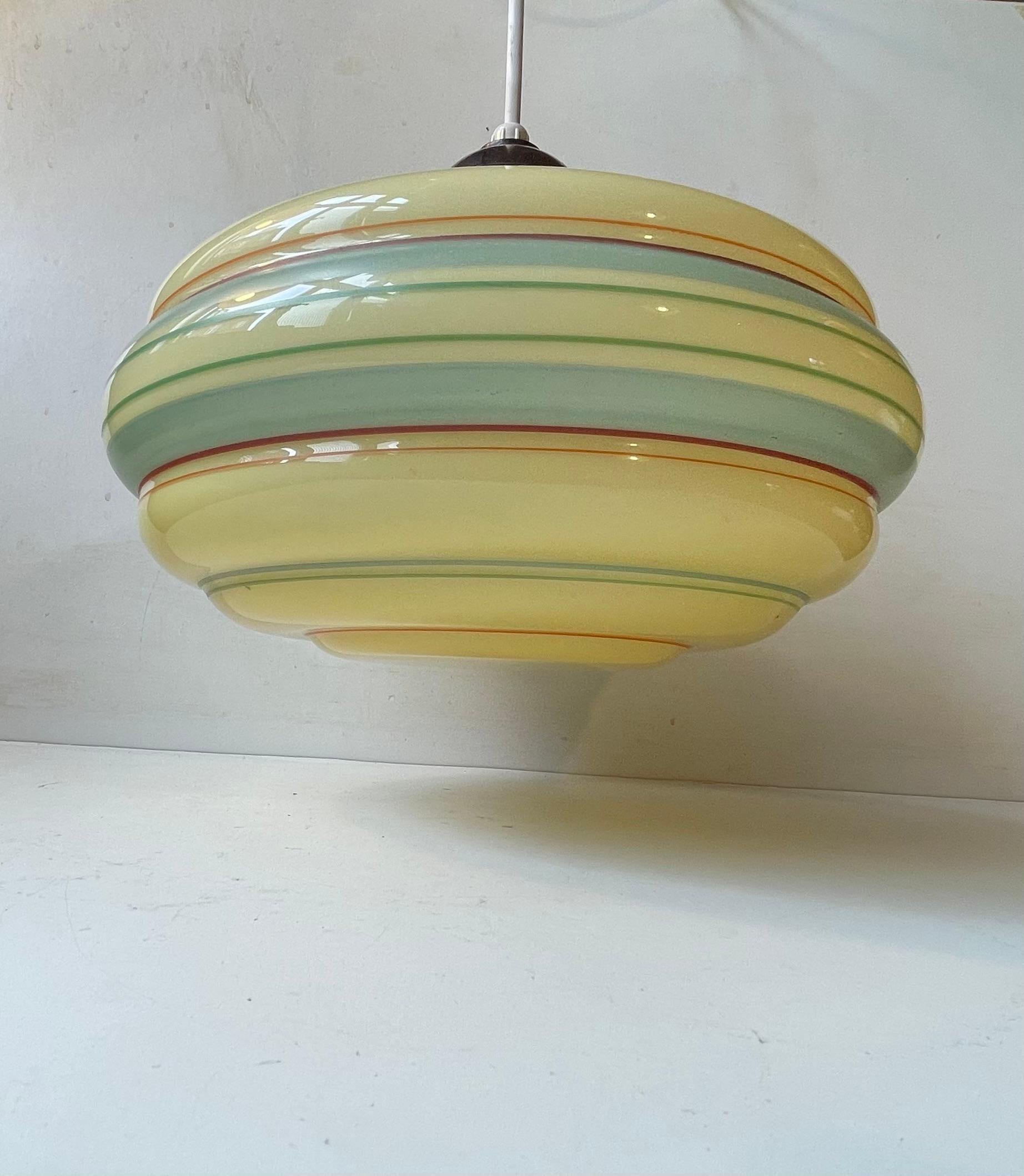 Bauhaus Danish Functionalist Pendant Lamp in Striped Opaline Glass, 1930s For Sale