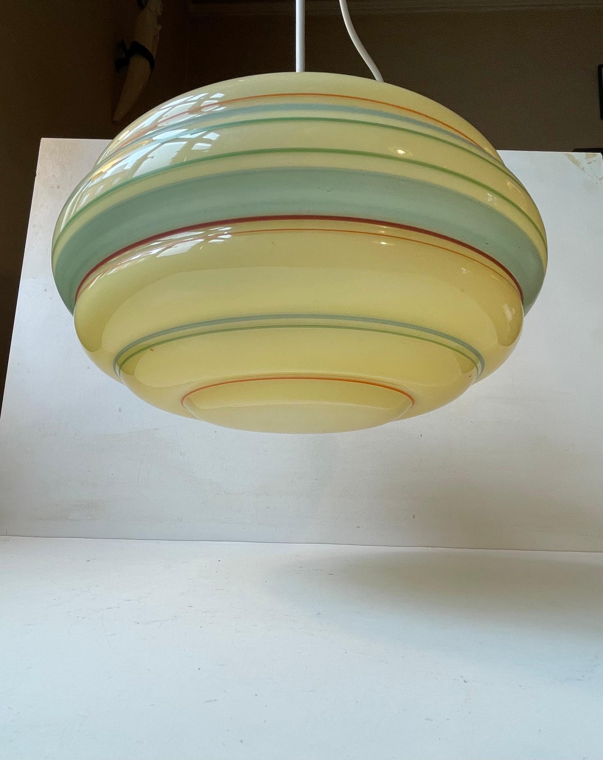 Danish Functionalist Pendant Lamp in Striped Opaline Glass, 1930s In Good Condition For Sale In Esbjerg, DK