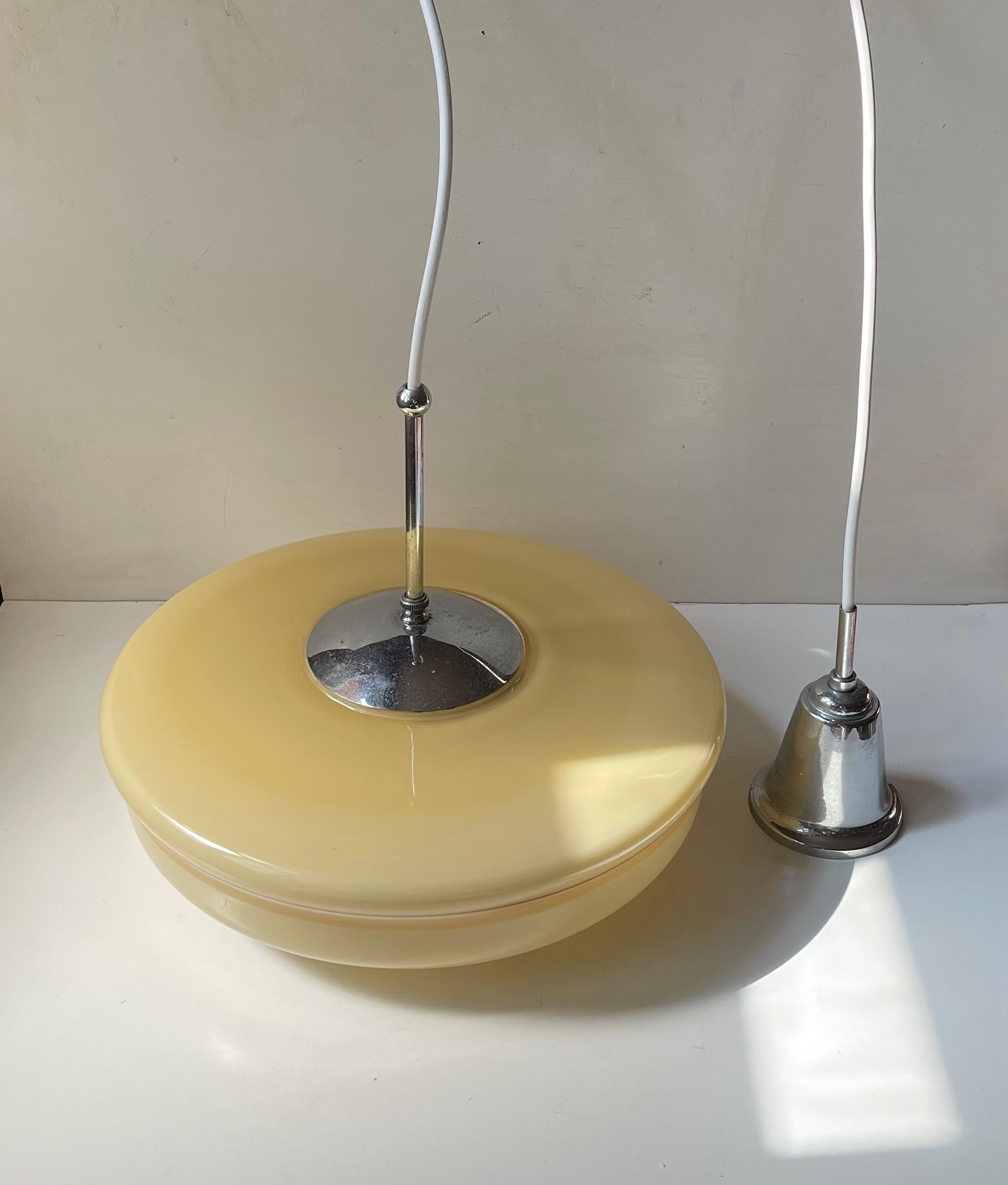 Bauhaus Danish Functionalist Saucer Hanging Lamp in Opaline Glass For Sale