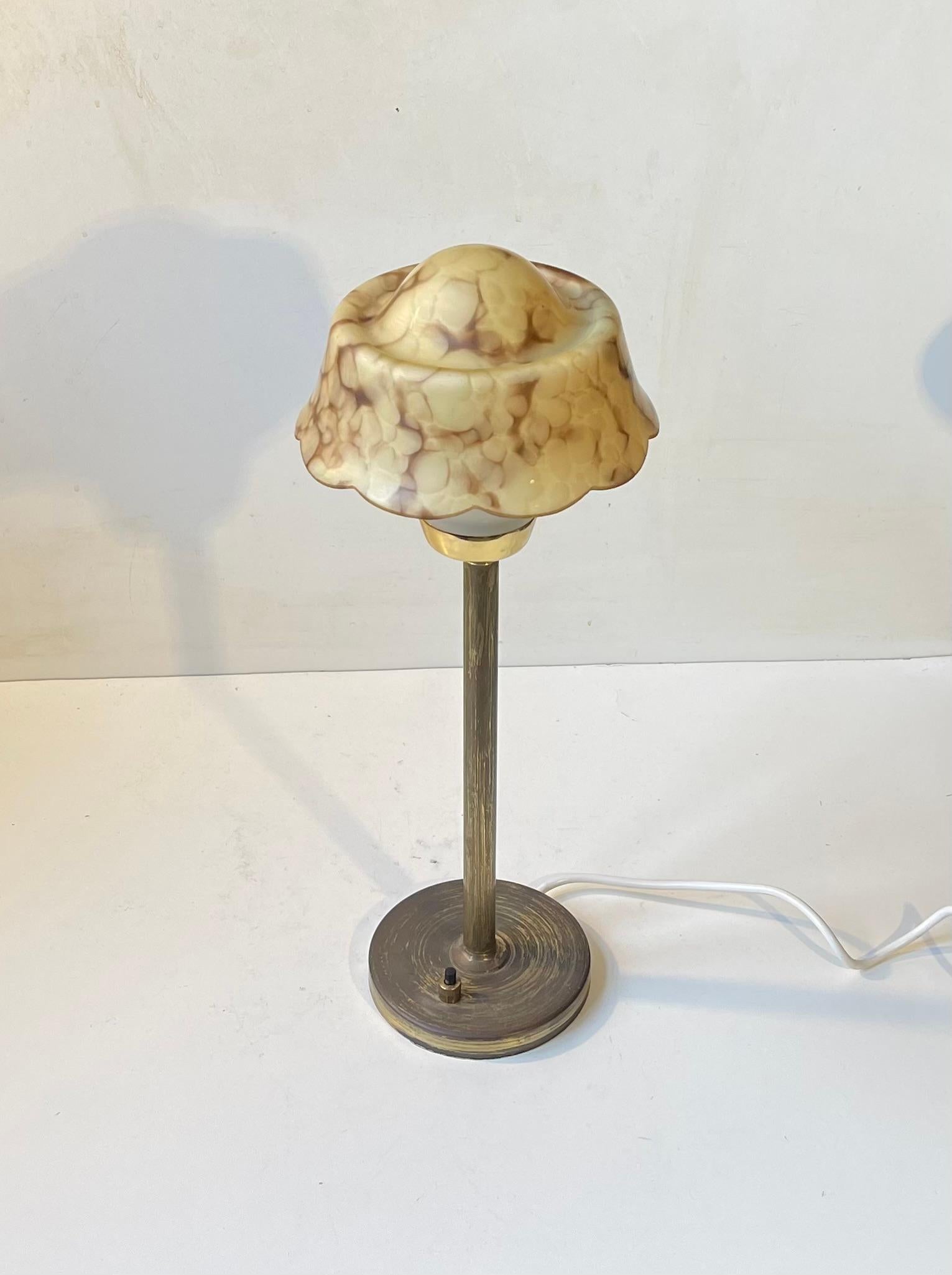 Patinated Danish Functionalist Table Lamp in Brass & Marble Glass by Fog & Mørup For Sale