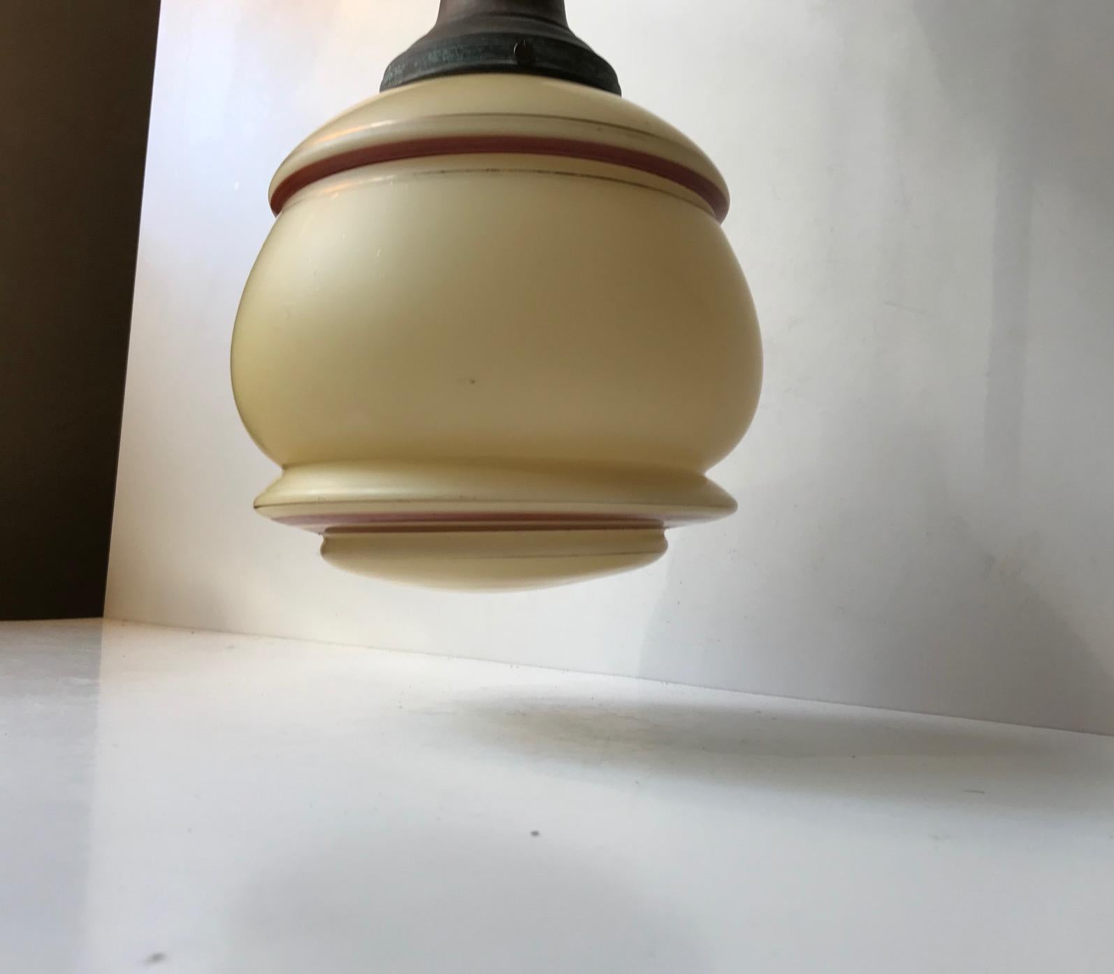 Bauhaus Lampada a sospensione Funkis danese in vetro opalino pastello e ottone, anni '40 in vendita
