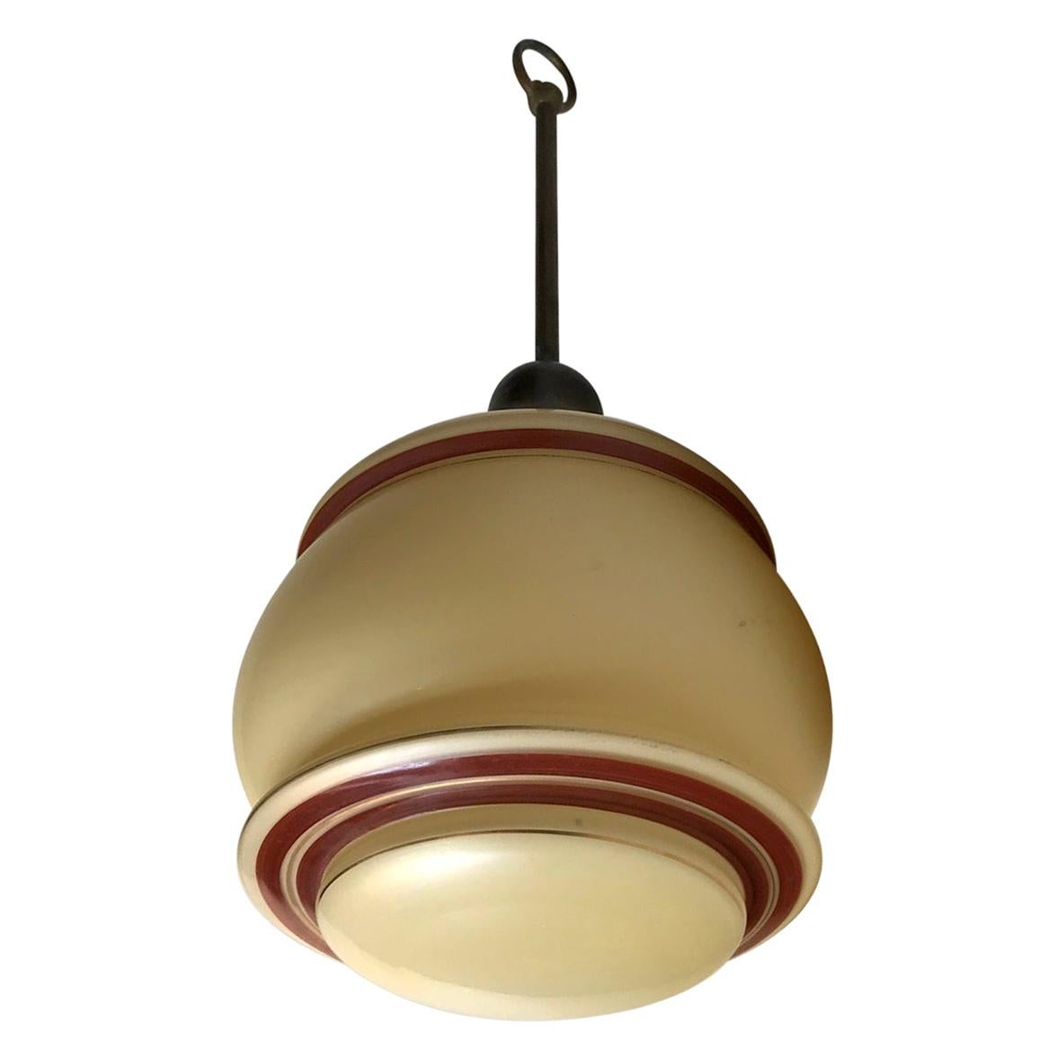 Danish Funkis Pendant Lamp in Pastel Opaline Glass and Brass, 1940s