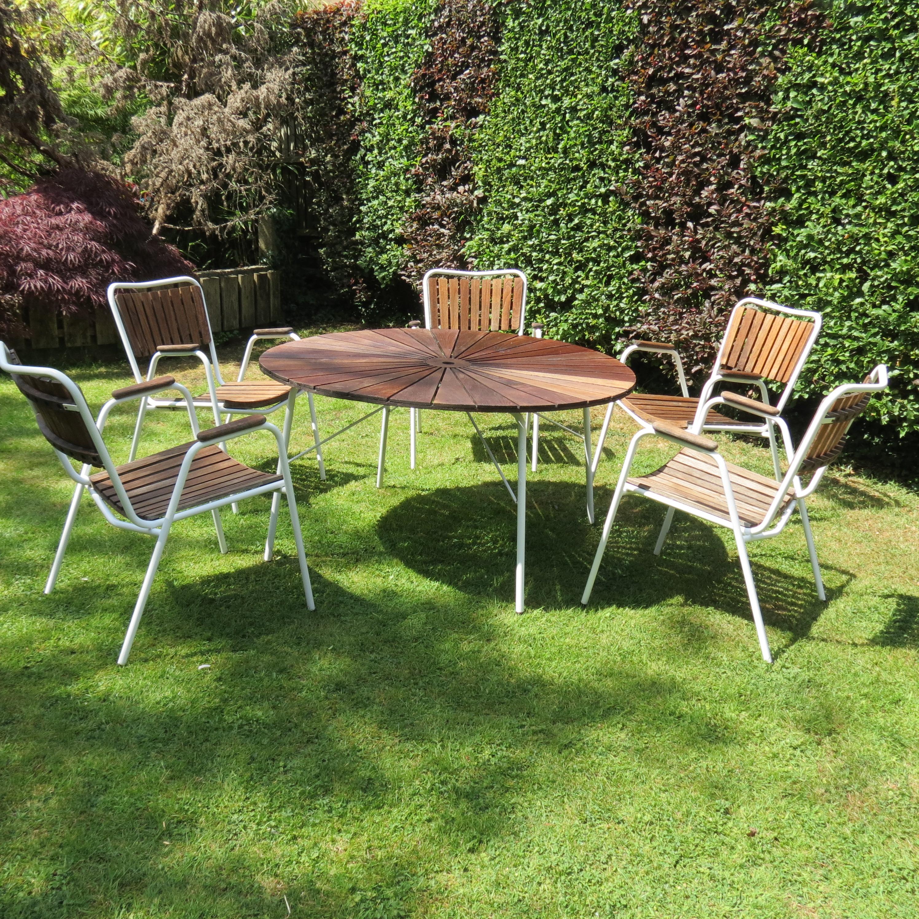20th Century Danish Garden Table and 5 Stacking Chairs by Daneline