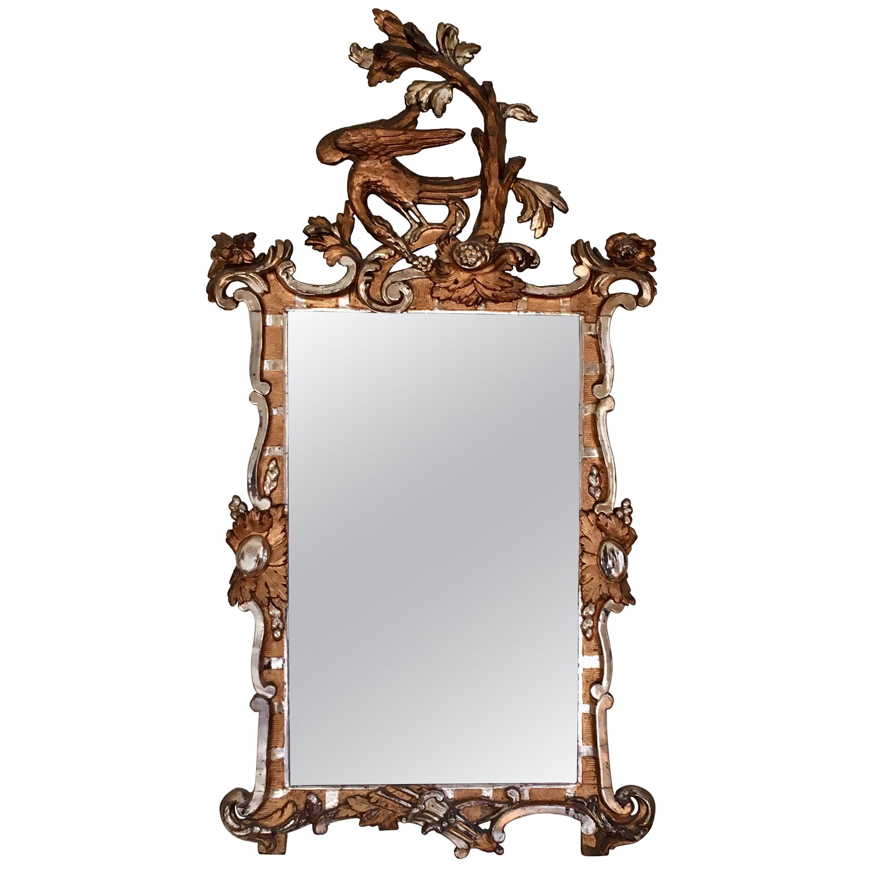 Danish/German 18th Century Giltwood Rococo Mirror with Ho Ho Bird For Sale