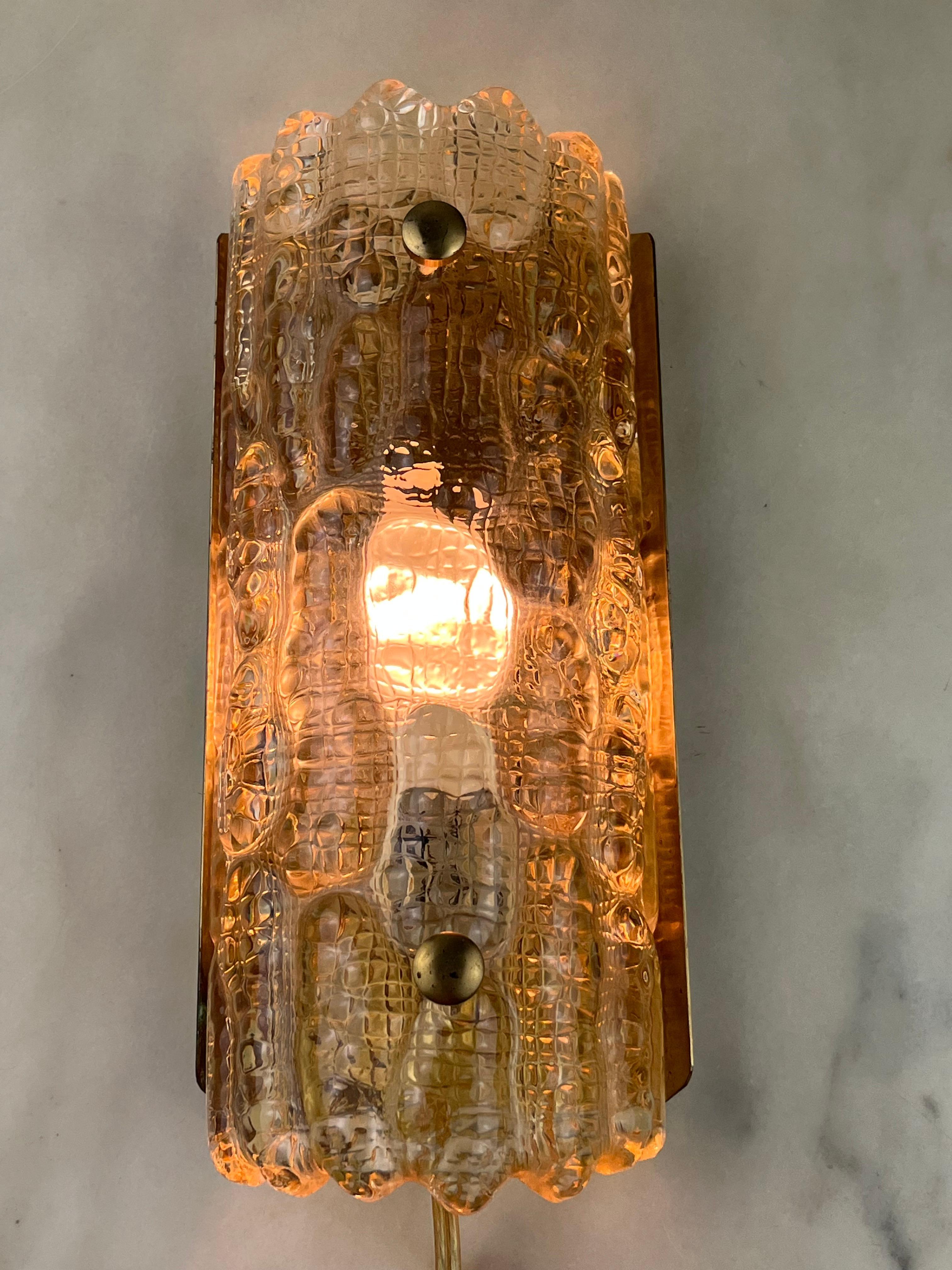 Late 20th Century Danish Glass and Brass Wall Lamp by Carl Fagerlund for Orrefors/Lyfa, 1970s For Sale