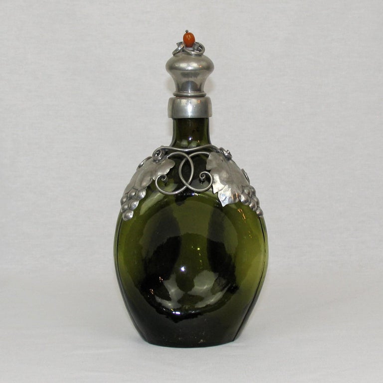 Embossed Danish Glass and Pewter Decanter, 1960s For Sale