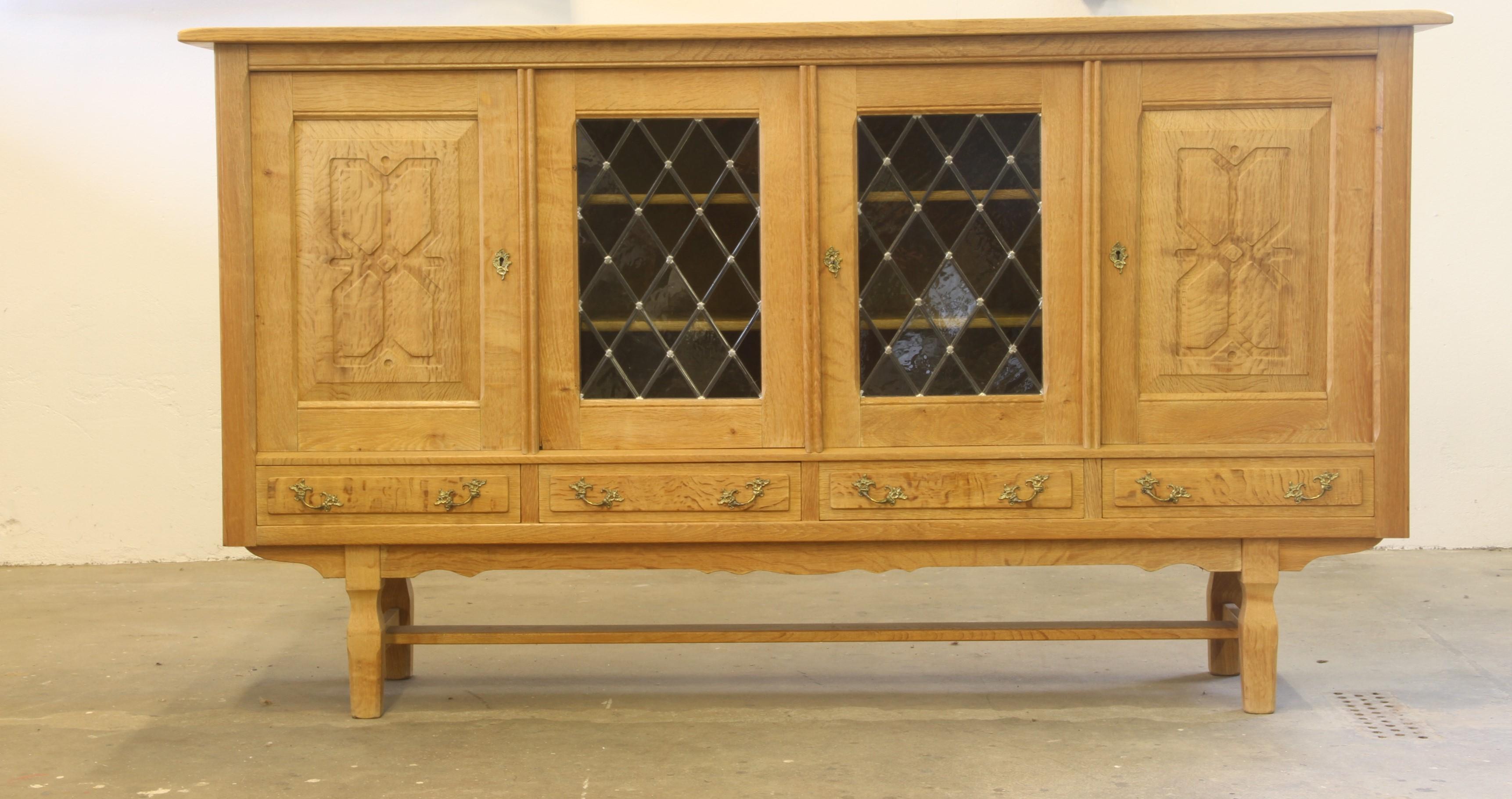 Danish Glass Oak High Sideboard attributed to Henning Henry Kjaernulf, Denmark For Sale 4