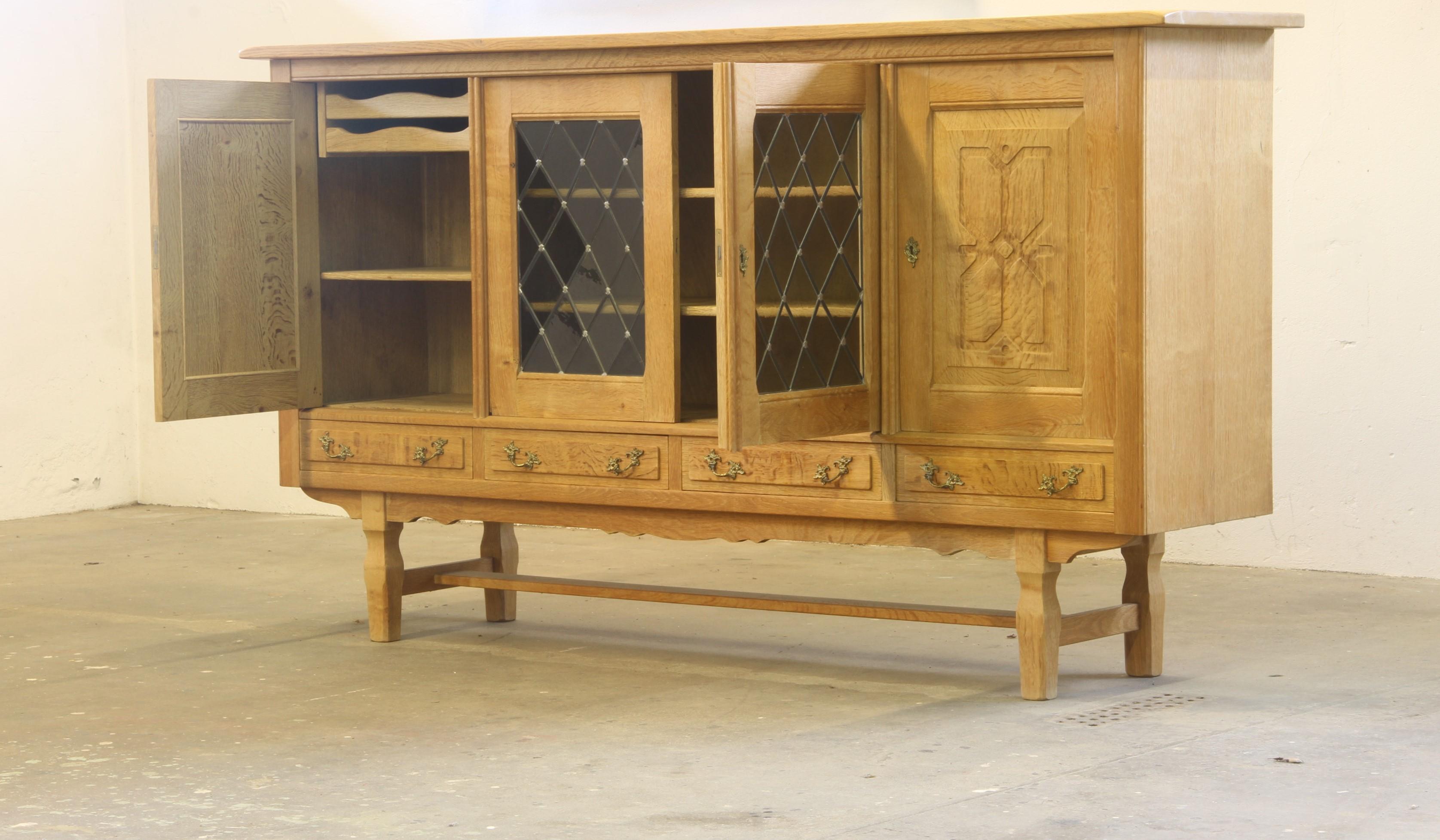 Danish Glass Oak High Sideboard attributed to Henning Henry Kjaernulf, Denmark For Sale 5