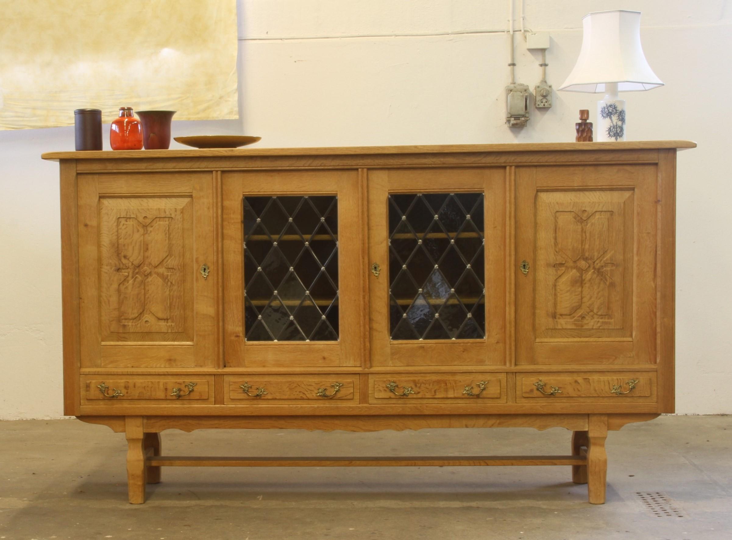 Danish Glass Oak High Sideboard attributed to Henning Henry Kjaernulf, Denmark For Sale 10