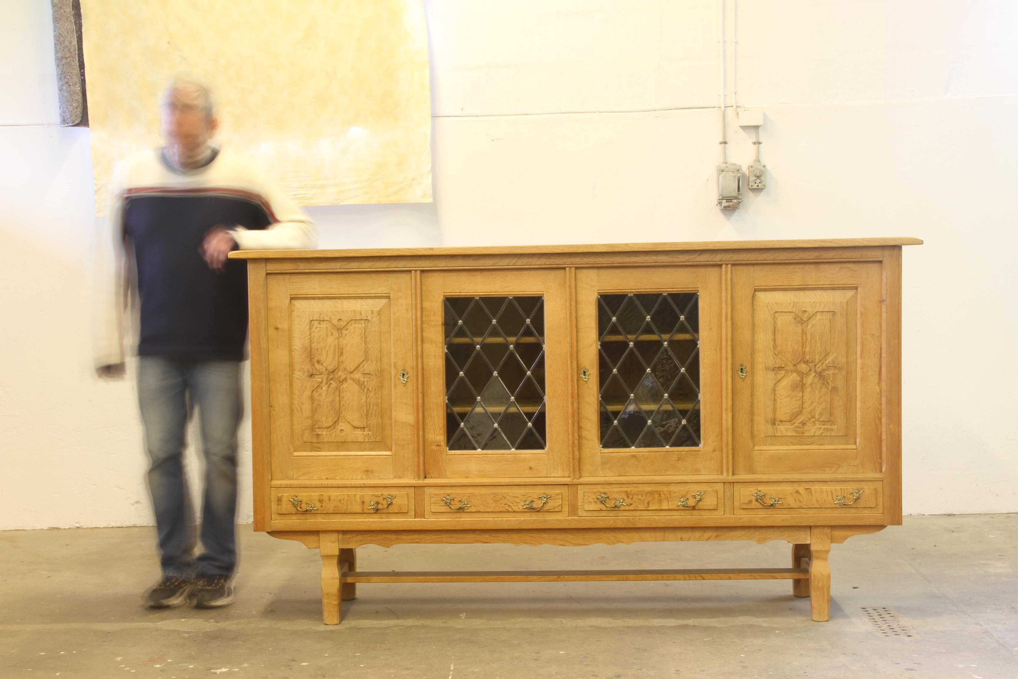 Danish Glass Oak High Sideboard attributed to Henning Henry Kjaernulf, Denmark For Sale 11
