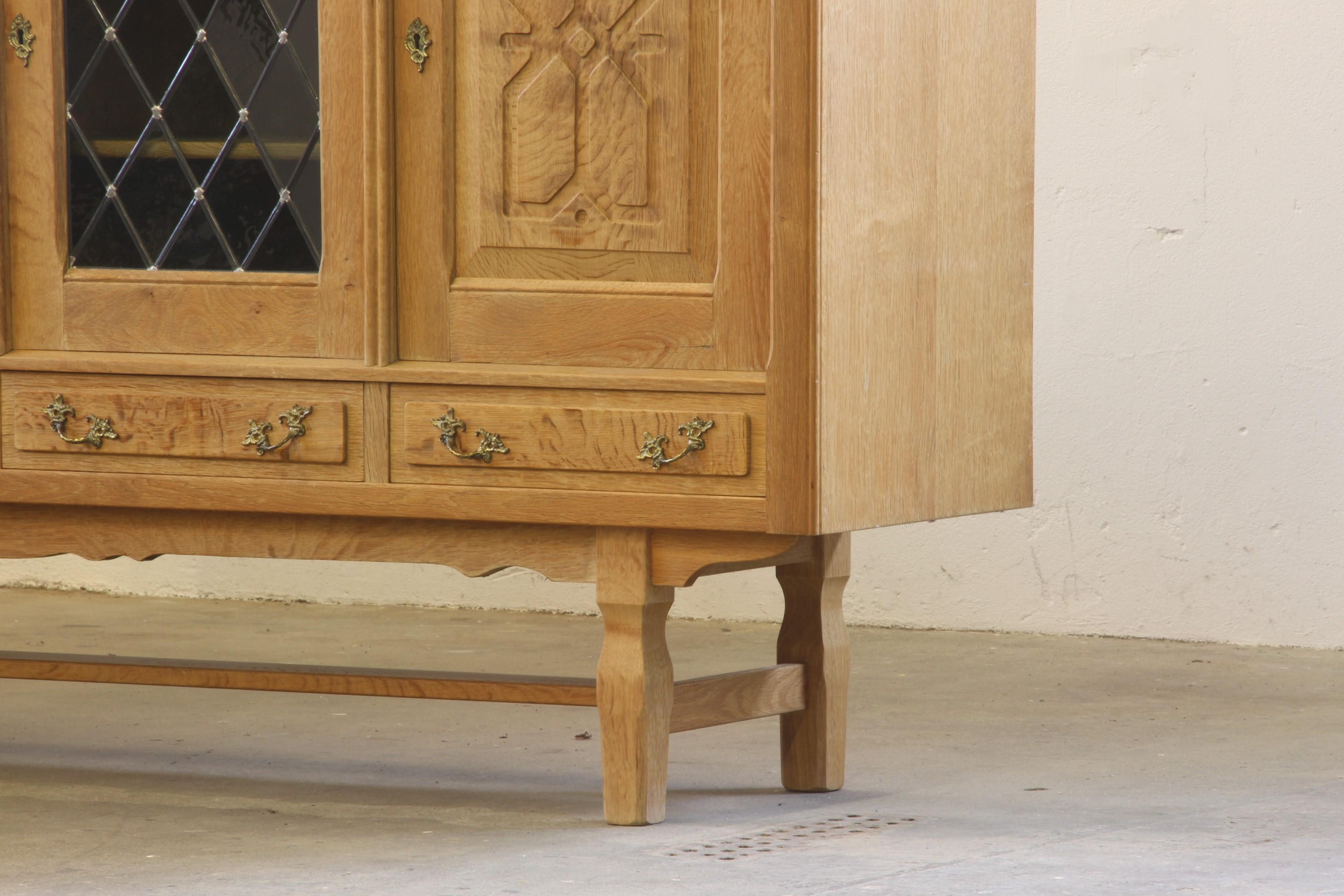 Mid-Century Modern Danish Glass Oak High Sideboard attributed to Henning Henry Kjaernulf, Denmark For Sale