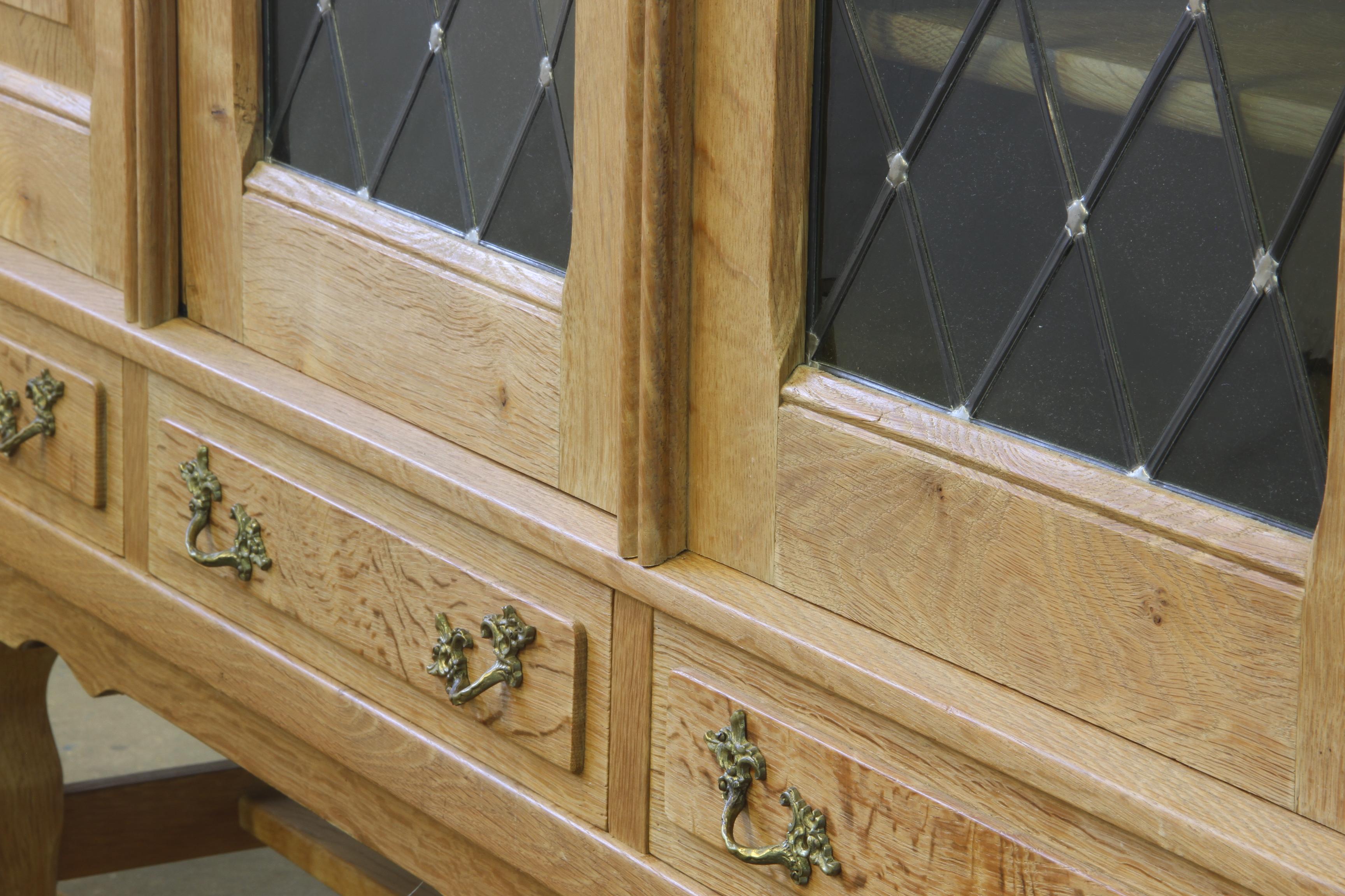 Danish Glass Oak High Sideboard attributed to Henning Henry Kjaernulf, Denmark For Sale 1