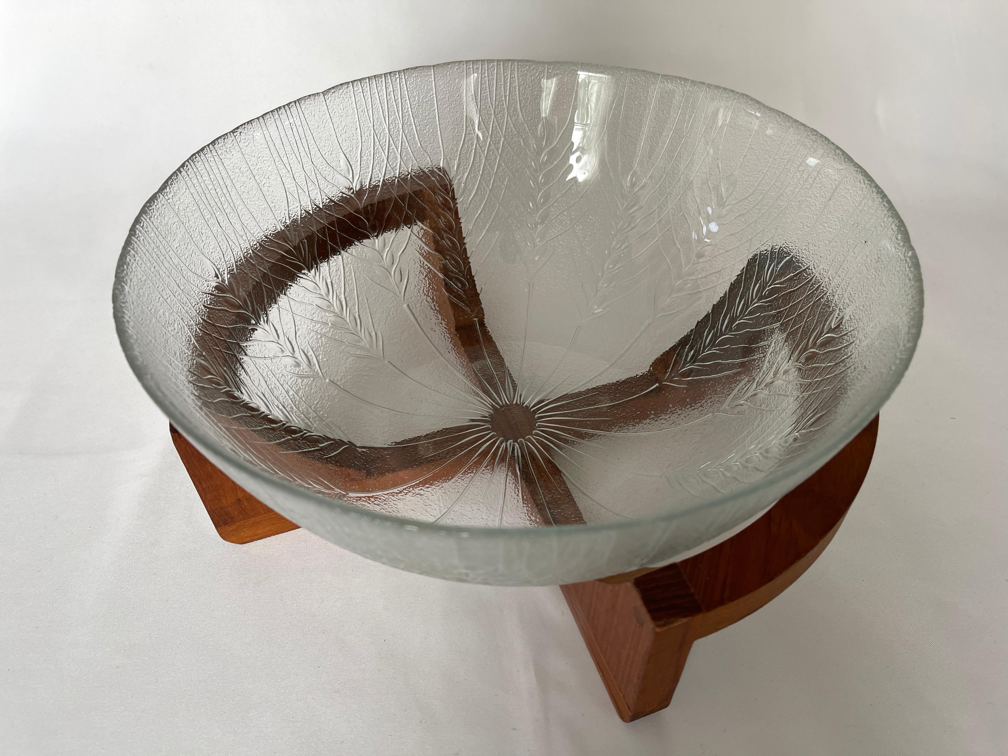 20th Century Danish Glass Salad Serving Bowl on Curved Teak Wood Stand For Sale