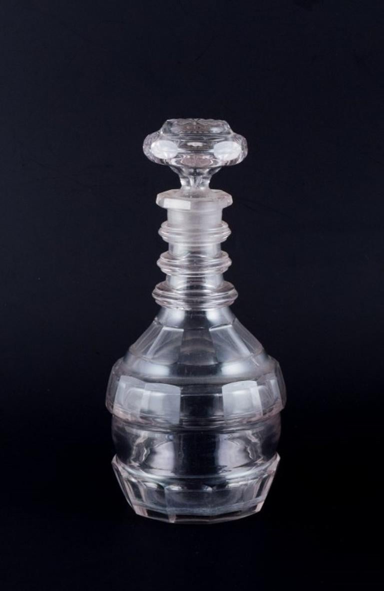 Danish glassworks. Hand-blown Art Deco wine decanter in clear faceted cut glass. For Sale