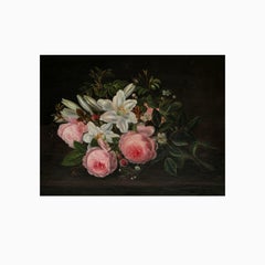 Danish Golden Age Oil Flower Painting Roses and Lilies, I.L. Jensen School
