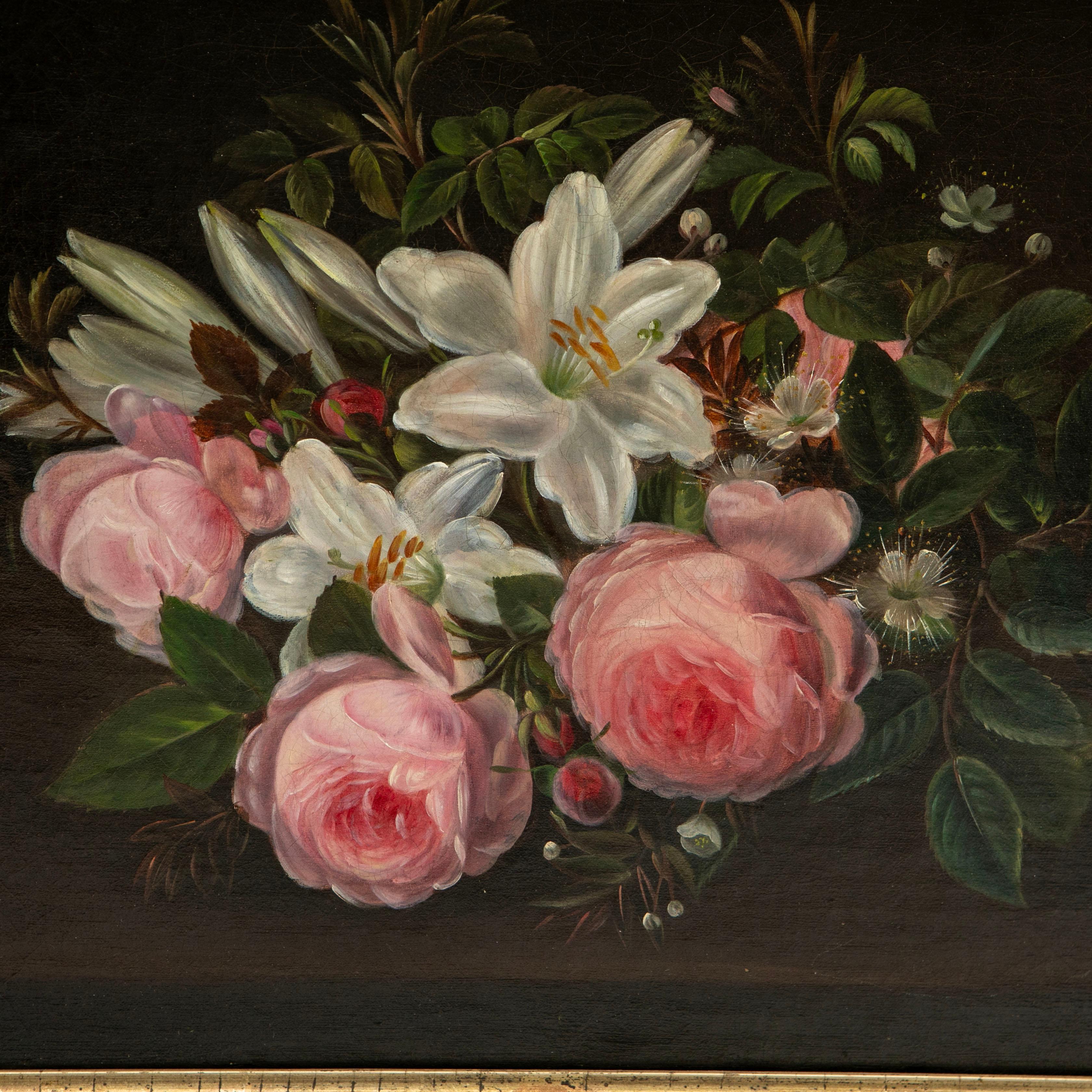 Vittoriano Quadro a olio danese del Secolo d'Oro con rose e gigli, I.L.A. Scuola Jensen in vendita