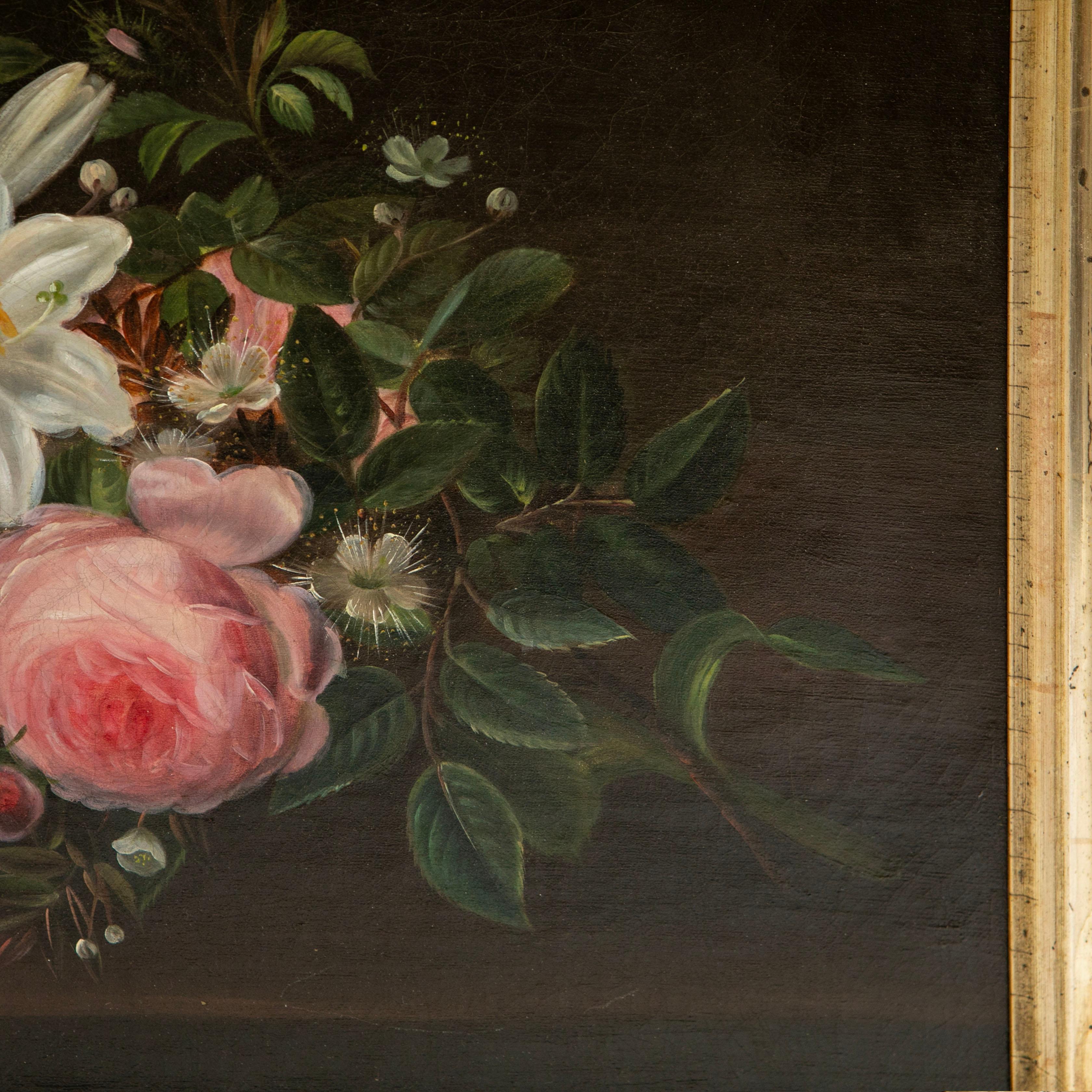 Danese Quadro a olio danese del Secolo d'Oro con rose e gigli, I.L.A. Scuola Jensen in vendita