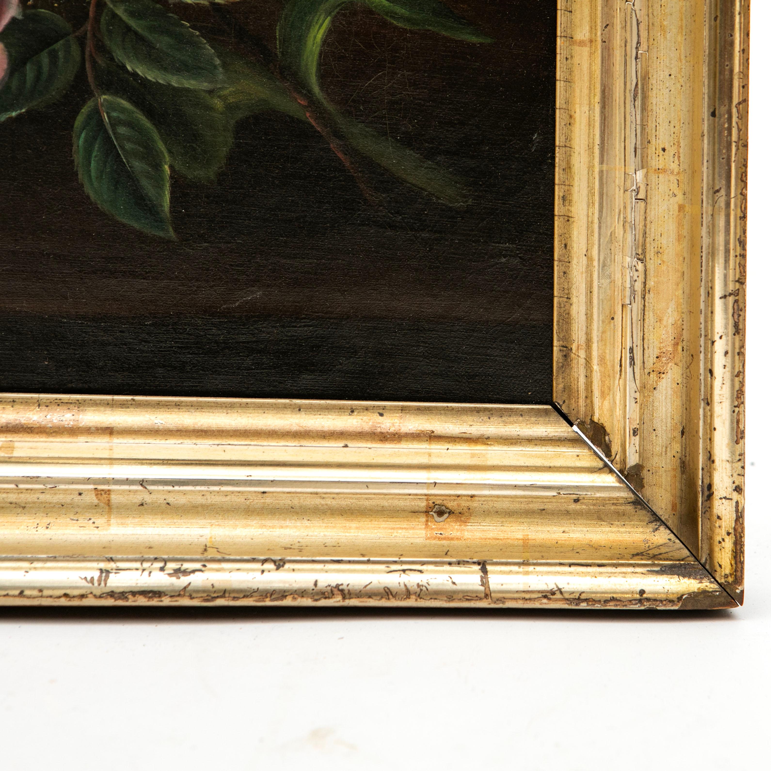 Dorato Quadro a olio danese del Secolo d'Oro con rose e gigli, I.L.A. Scuola Jensen in vendita