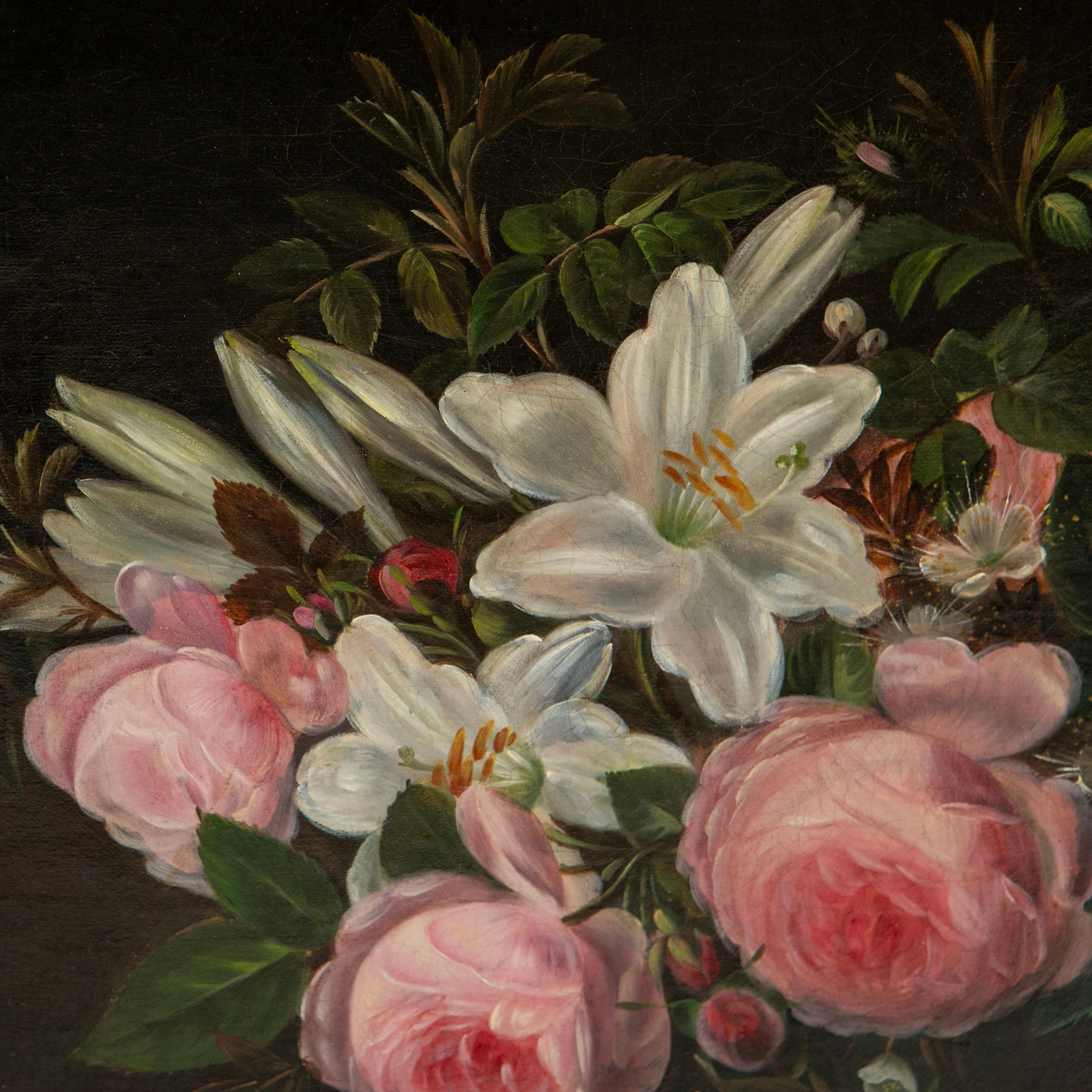 Quadro a olio danese del Secolo d'Oro con rose e gigli, I.L.A. Scuola Jensen In condizioni buone in vendita a Kastrup, DK