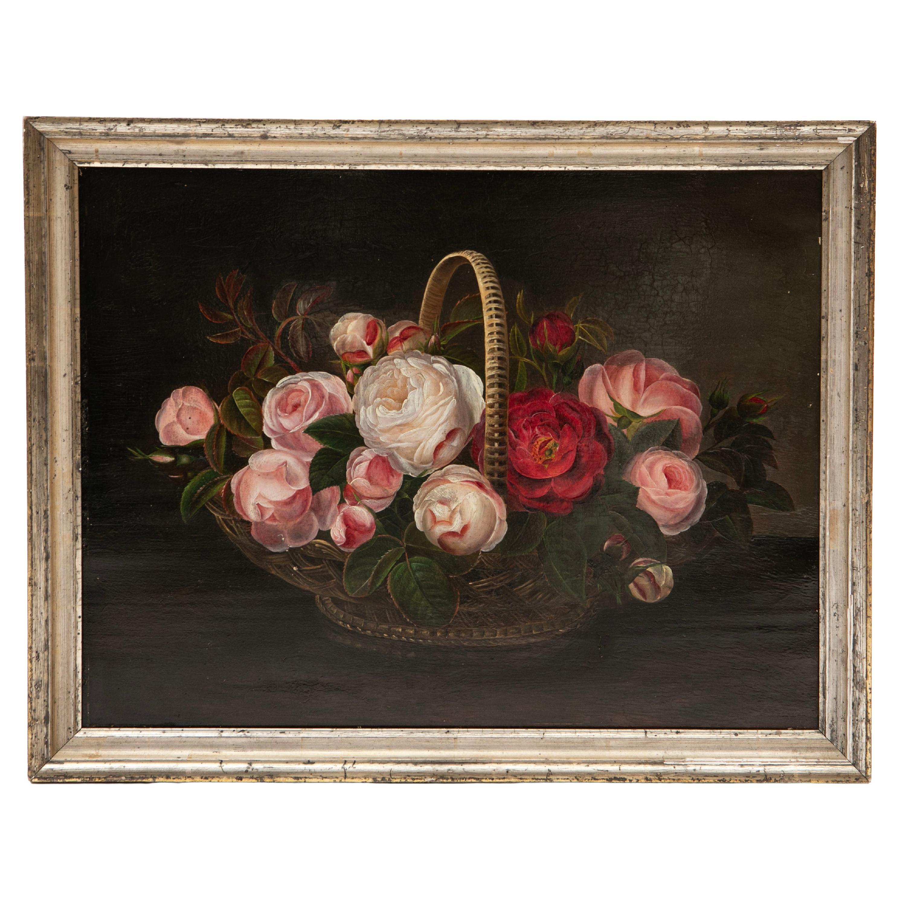 Quadro a olio danese del Secolo d'Oro con rose e gigli, I.L.A. Scuola Jensen in vendita