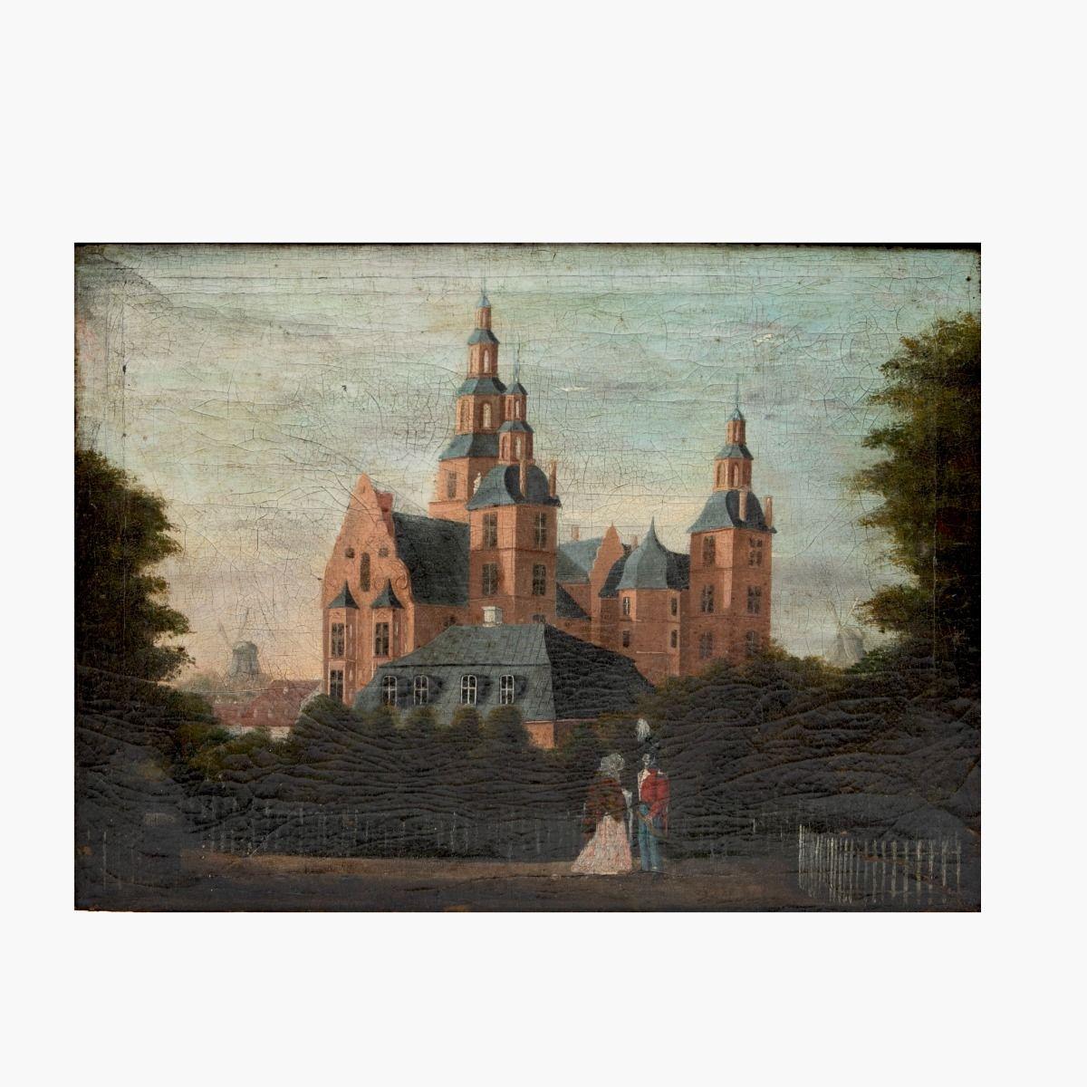 Oil painting from the Danish Golden Age (c. 1840-1860) portraying a soldier engaged in conversation with a lady, with the historic Rosenborg Castle elegantly positioned in the background.

The painting exhibits a naivist artistic style, capturing a
