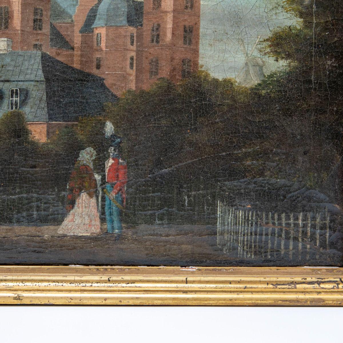 Empire Danish Golden Age Painting of a Soldier and a Lady at Rosenborg Castle For Sale
