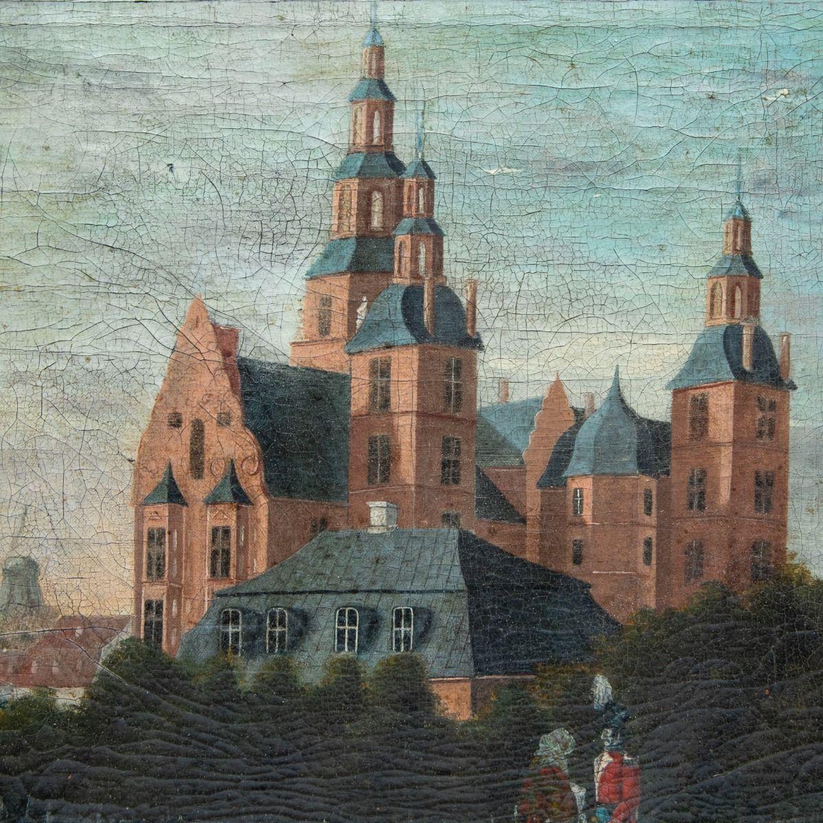 Painted Danish Golden Age Painting of a Soldier and a Lady at Rosenborg Castle For Sale